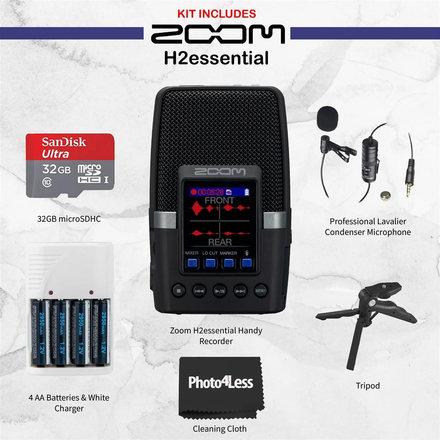 بسته ضبط کننده دستی چند میکروفونی Zoom H2essential به همراه کارت microSDHC 32 گیگابایتی با آداپتور، میکروفون کندانسور یقه ای حرفه ای Vidpro، 4 عدد باتری AA و شارژر، سه پایه رومیزی