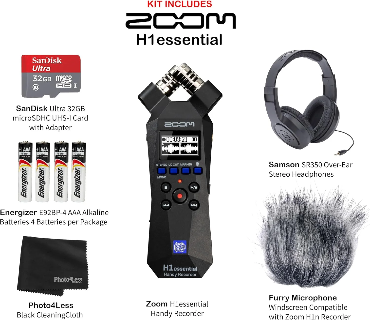 بسته ضبط کننده دستی Zoom H1essential با هدفون استریو رو گوشی، کارت microSDHC 32 گیگابایتی، بادگیر خزدار میکروفون، 4 عدد باتری AAA و لوازم جانبی
