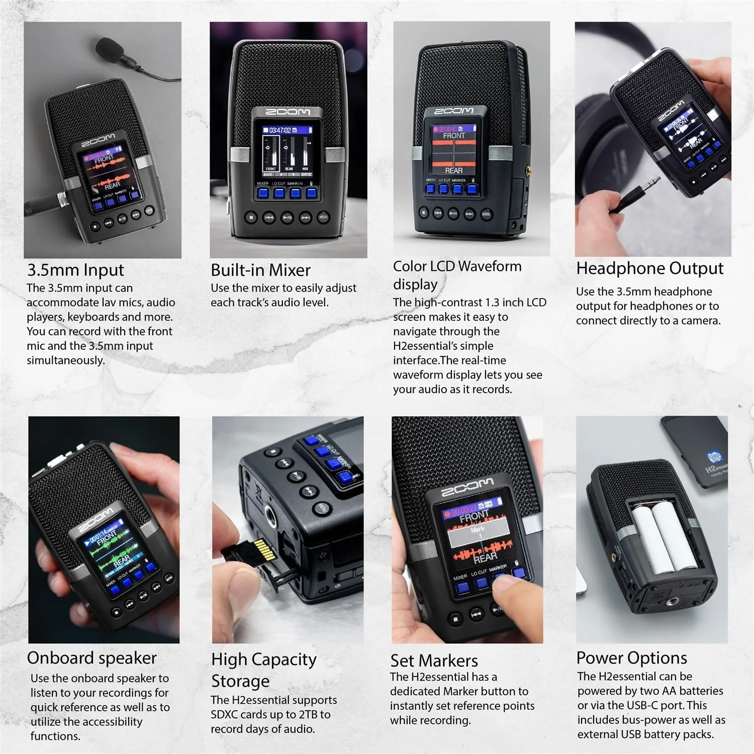 بسته ضبط کننده دستی چند میکروفونی Zoom H2essential به همراه کارت microSDHC 32 گیگابایتی با آداپتور، میکروفون کندانسور یقه ای حرفه ای Vidpro، 4 عدد باتری AA و شارژر، سه پایه رومیزی