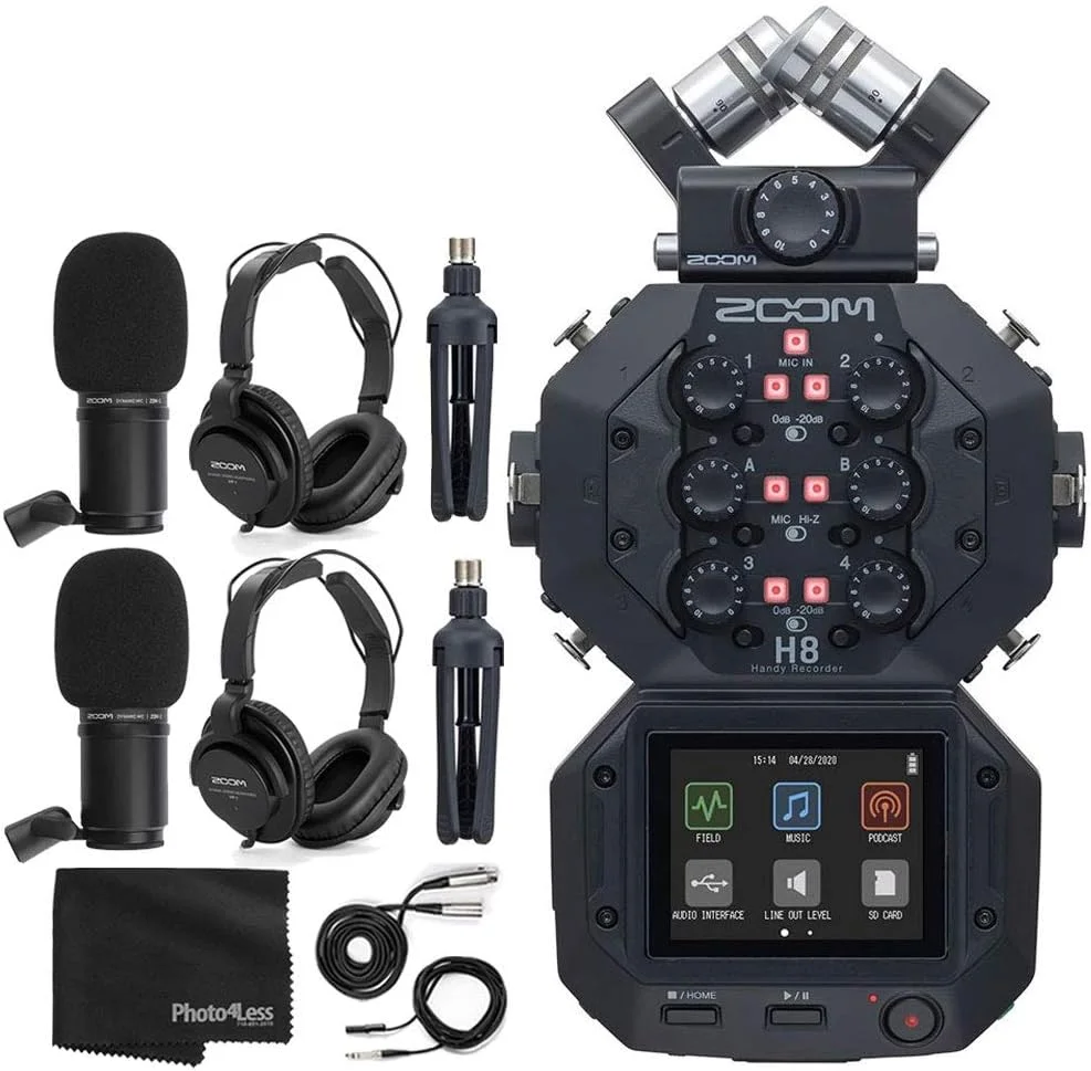 ضبط کننده دستی قابل حمل زوم H8 با 8 ورودی / 12 ترک برای پادکست، موسیقی، ضبط صدا در محیط باز، به همراه 2 عدد میکروفون پادکست زوم ZDM-1 + 2 عدد هدفون + 2 عدد بادگیر + 2 عدد پایه رومیزی + موارد بیشتر (4 قلم کالا)