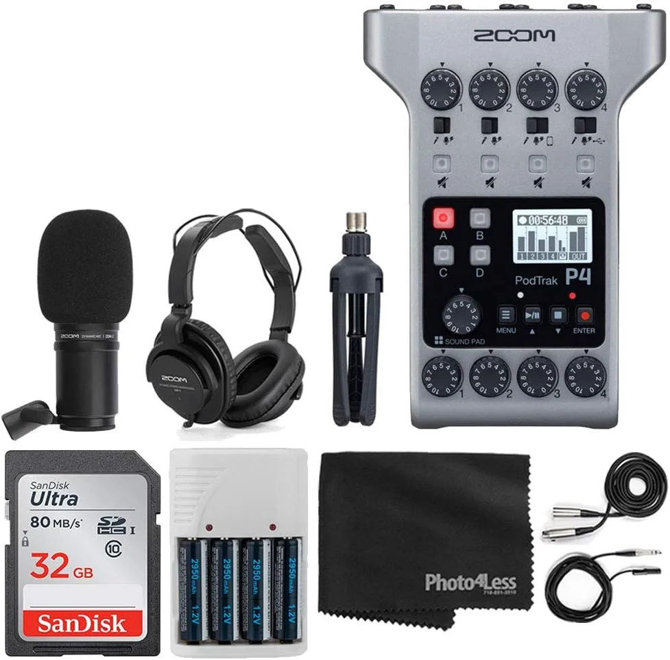 دستگاه ضبط پادکست پرتابل چند مسیره زوم مدل PodTrak P4 + میکروفون زوم M-1 + هدفون + بادگیر + کابل XLR + پایه رومیزی + کارت حافظه 32 گیگابایتی + 4 عدد باتری AA و شارژر + پارچه تمیز کننده - بسته با ارزش برتر