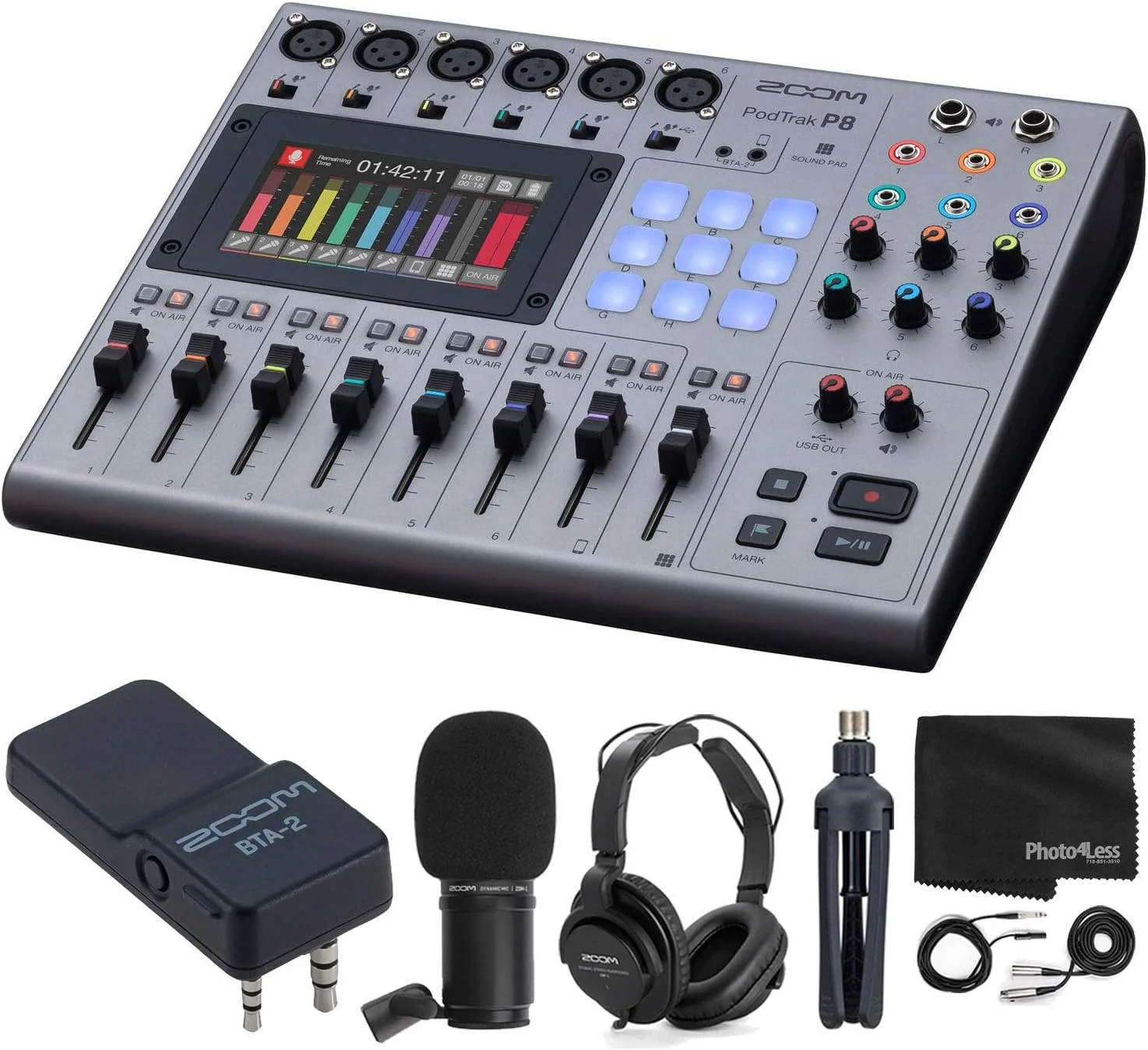 دستگاه ضبط پادکست چند مسیره زوم مدل PodTrak P8 + میکروفون پادکست زوم مدل ZDM-1 + آداپتور بلوتوث زوم مدل BTA-2 + هدفون + بادگیر + کابل XLR - بسته ارزشمند