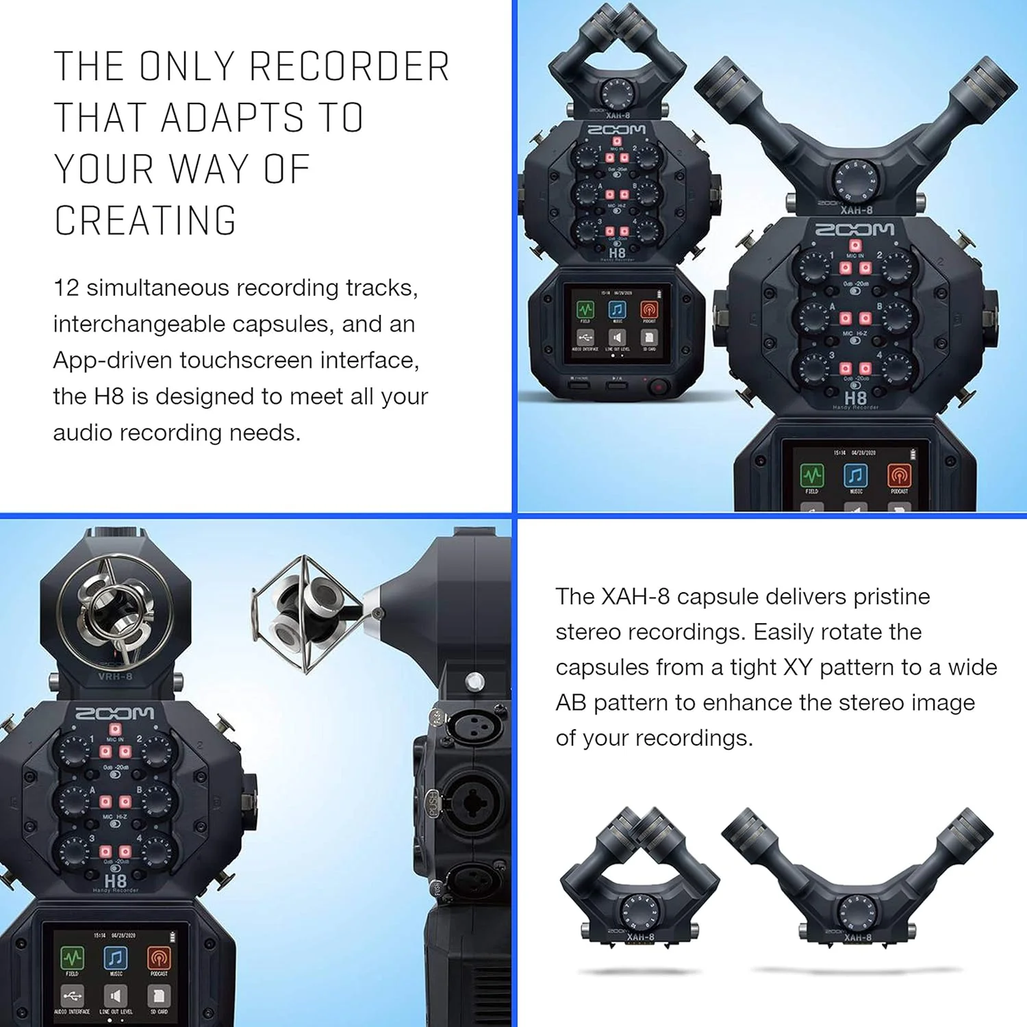 ضبط کننده دستی قابل حمل زوم H8 با 8 ورودی / 12 ترک برای پادکست، موسیقی، ضبط صدا در محیط باز، به همراه 2 عدد میکروفون پادکست زوم ZDM-1 + 2 عدد هدفون + 2 عدد بادگیر + 2 عدد پایه رومیزی + موارد بیشتر (4 قلم کالا)