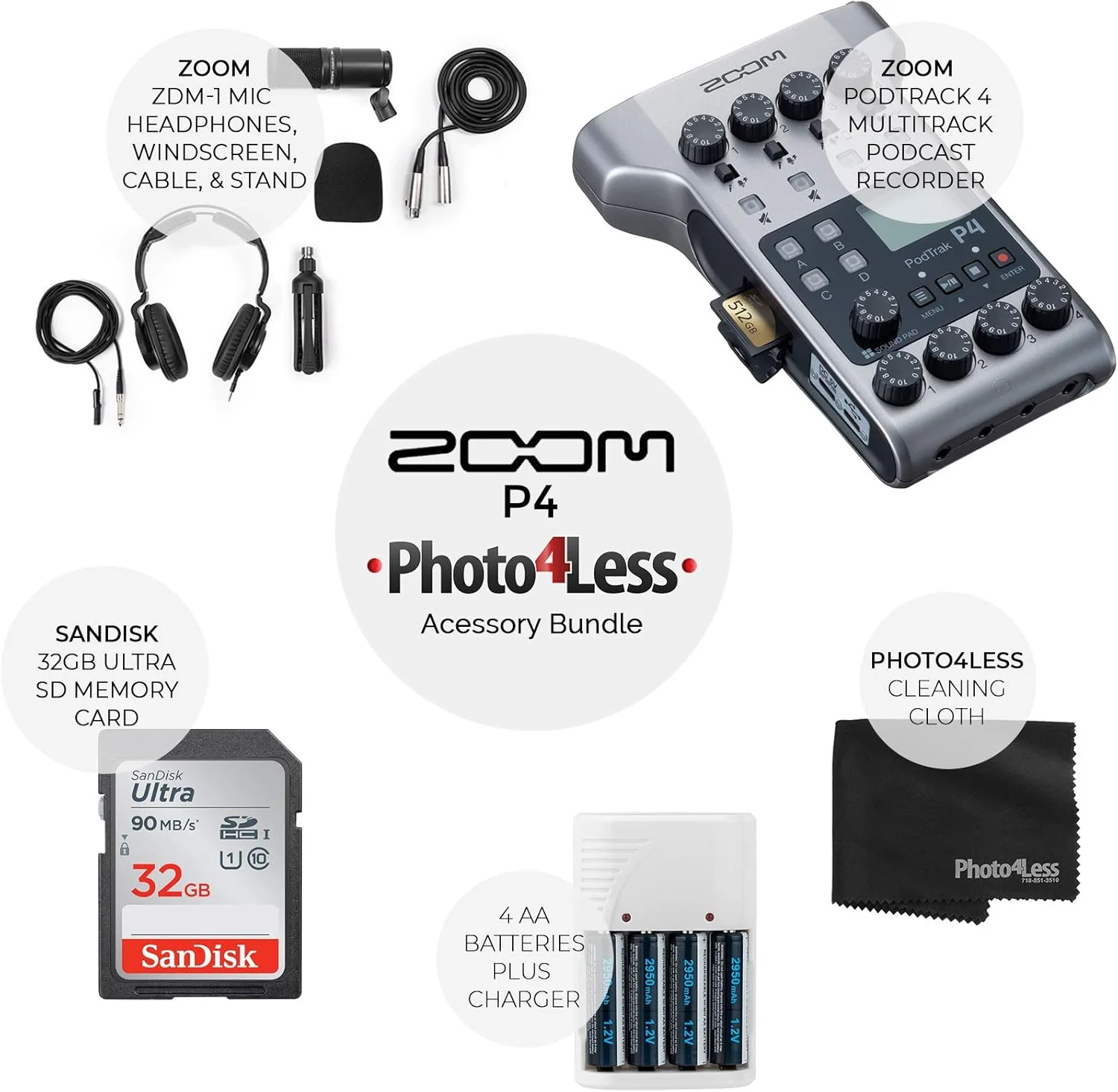 دستگاه ضبط پادکست پرتابل چند مسیره زوم مدل PodTrak P4 + میکروفون زوم M-1 + هدفون + بادگیر + کابل XLR + پایه رومیزی + کارت حافظه 32 گیگابایتی + 4 عدد باتری AA و شارژر + پارچه تمیز کننده - بسته با ارزش برتر