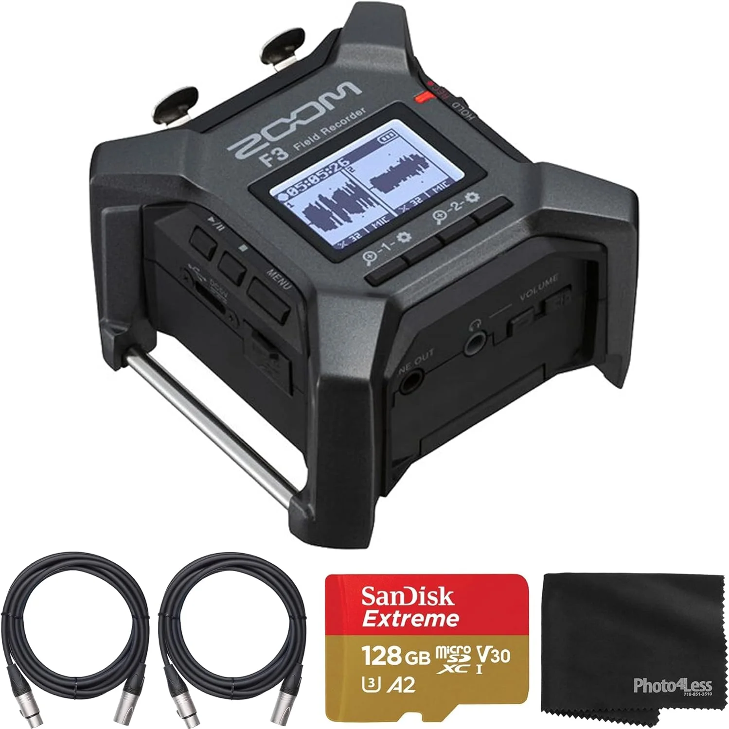 ضبط کننده صدا پرتابل زوم مدل F3 با 2 ورودی/ 2 تراک به همراه 2 کابل XLR، کارت حافظه 128 گیگابایتی SanDisk و پارچه تمیز کننده