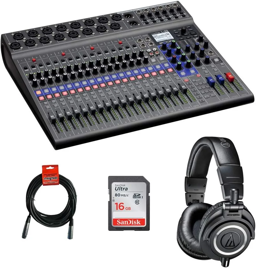 میکسر دیجیتال 20 ورودی و ضبط کننده چند مسیره Zoom LiveTrak L-20 به همراه هدفون ATH-M50x و بسته لوازم جانبی (4 قلم)