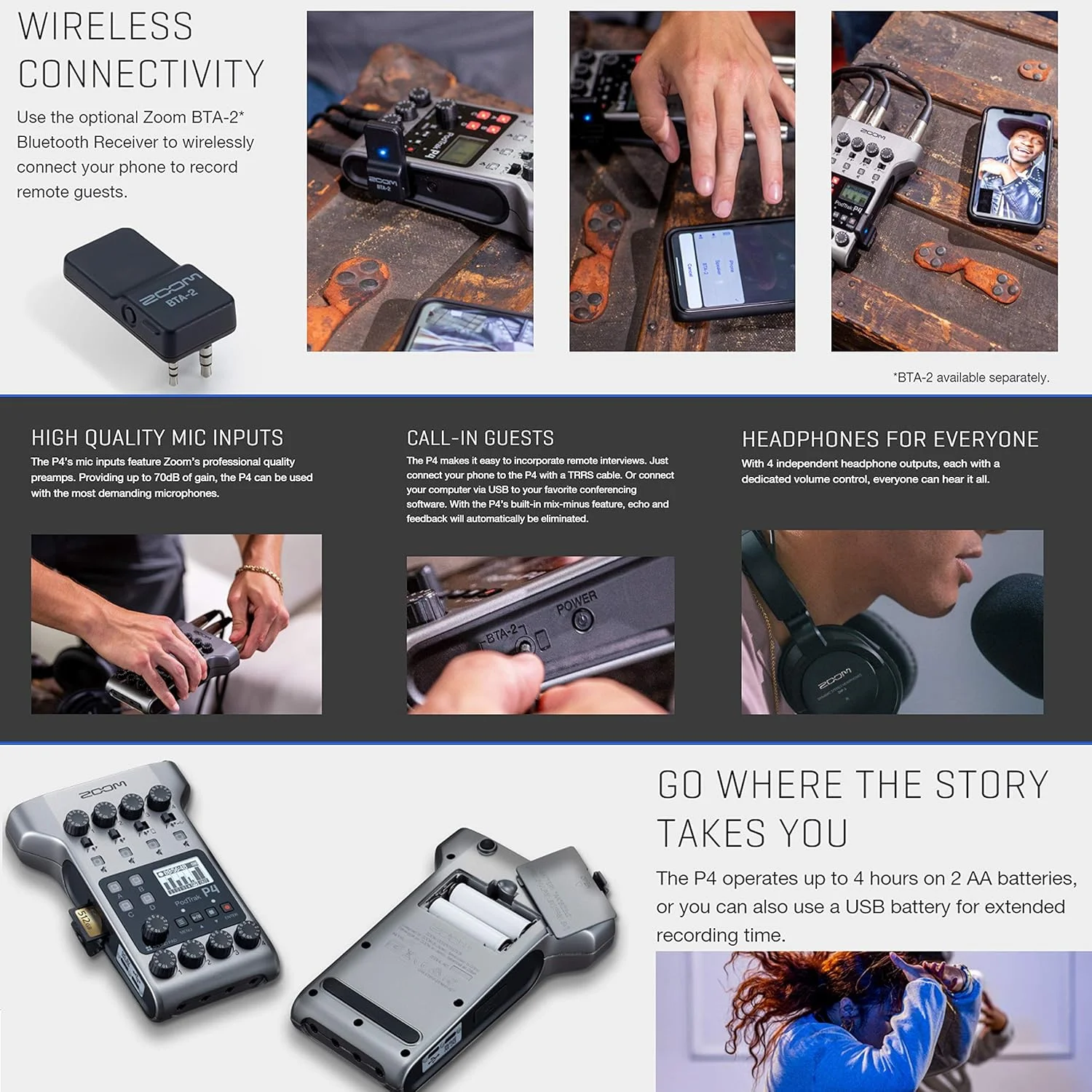 دستگاه ضبط پادکست چند مسیره قابل حمل زوم مدل PodTrak P4 + 4 عدد میکروفون زوم M-1 + 4 عدد هدفون + بادگیر + کابل XLR + 4 عدد پایه رومیزی + پارچه تمیز کننده - بسته میکروفون پادکست 4 نفره