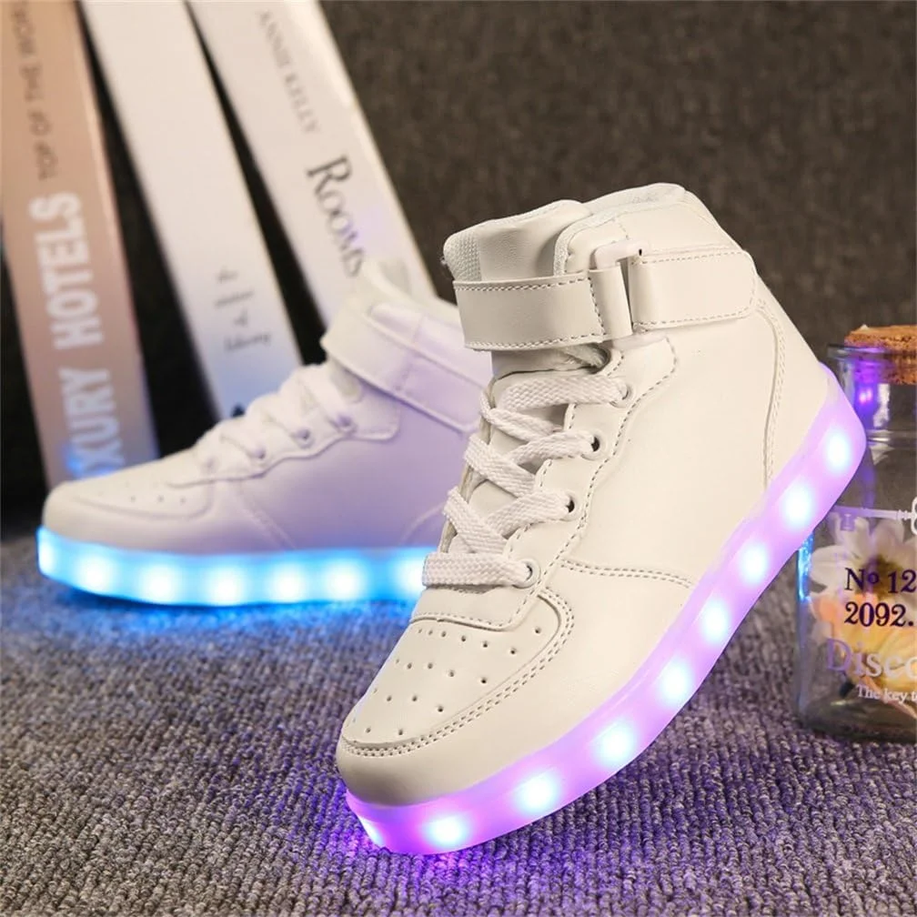 کفش های ال ای دی اسپرت یونیسکس LJ مناسب کودکان پسر و دختر، کفش های ساق بلند چراغ دار، شارژ USB، کتانی های چشمک زن 7 رنگ (سایز 28/11M US Little Kid, سفید)