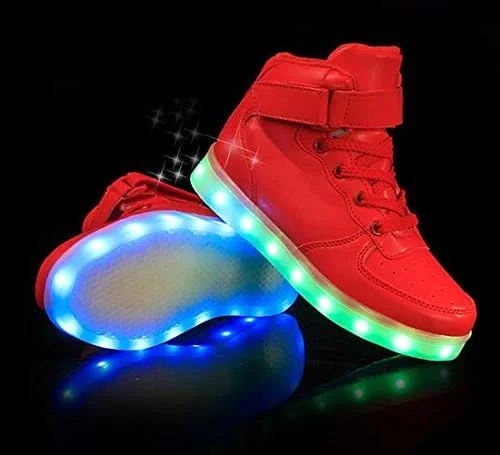 کفش های ال ای دی اسپرت یونیسکس LJ برای کودکان پسر و دختر، ساق بلند، چراغ دار، شارژ USB، کفش کتانی چشمک زن 7 رنگ (29/12M سایز کودکانه، قرمز)