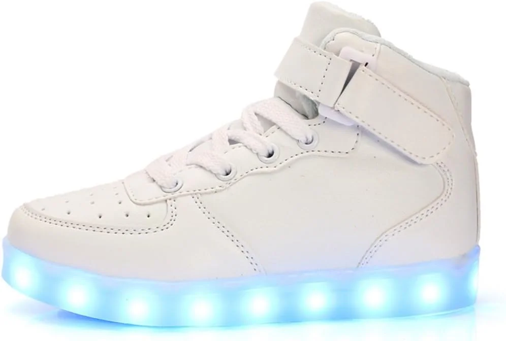 کفش های ال ای دی اسپرت یونیسکس LJ برای کودکان پسر و دختر، کفش های ساق بلند چراغ دار، شارژ USB، کفش های کتانی ال ای دی چشمک زن با 7 حالت رنگ (سایز 44/آمریکا 11.5، سفید)