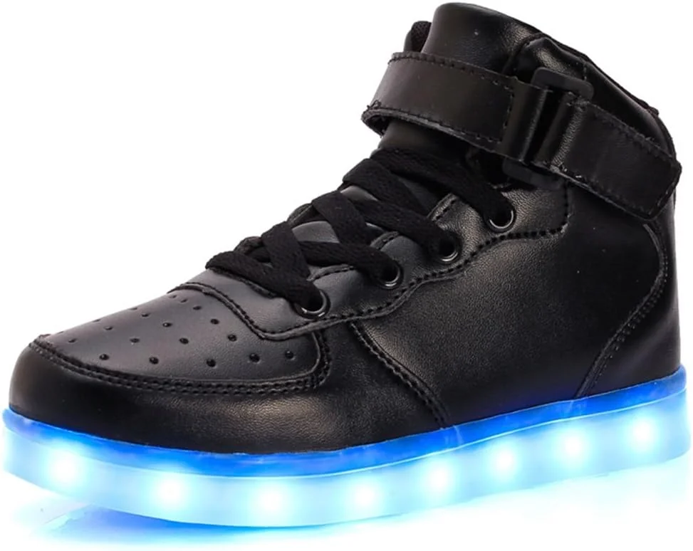 کفش های ال ای دی اسپرت یونیسکس LJ برای کودکان پسر و دختر، کفش های ساق بلند چراغ دار، شارژ USB، کفش های کتانی ال ای دی چشمک زن با 7 حالت رنگ (سایز US 9/EU 26، مشکی)