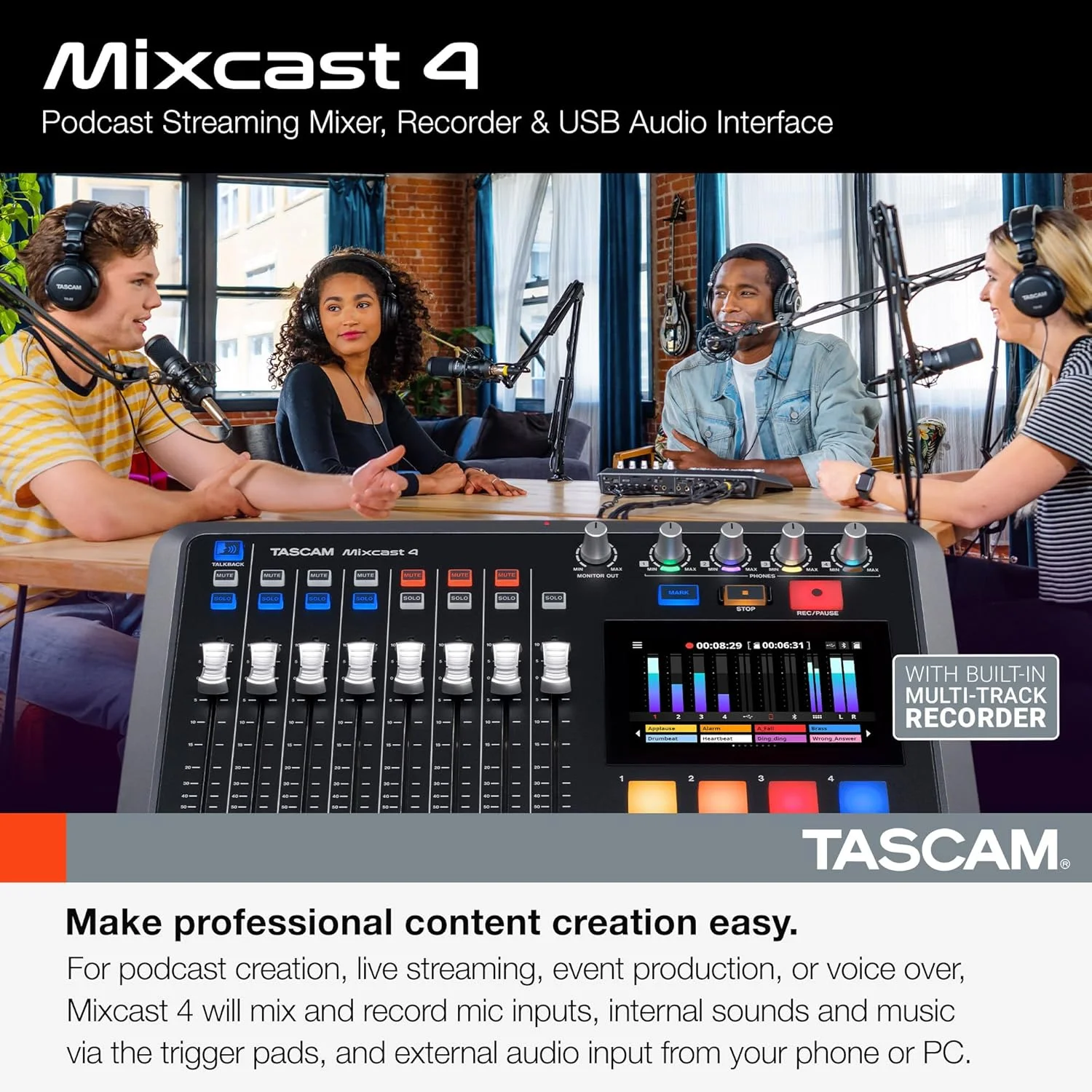 میکسر استودیویی پادکست Tascam Mixcast 4 با ضبط کننده داخلی/ رابط صوتی USB میکسر استودیویی پادکست Tascam Mixcast 4 با ضبط کننده داخلی/ رابط صوتی USB