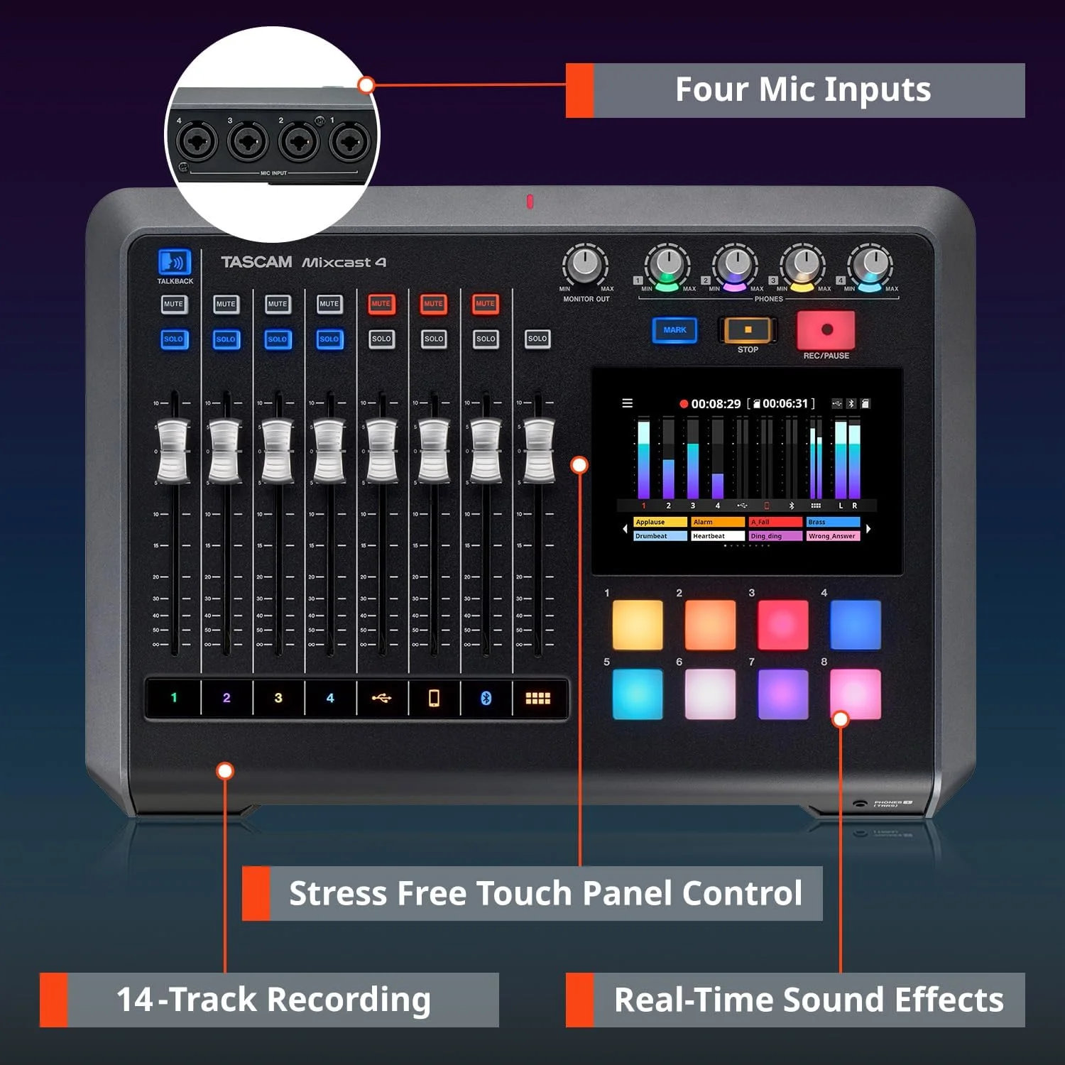 میکسر استودیویی پادکست Tascam Mixcast 4 با ضبط کننده داخلی/ رابط صوتی USB میکسر استودیویی پادکست Tascam Mixcast 4 با ضبط کننده داخلی/ رابط صوتی USB