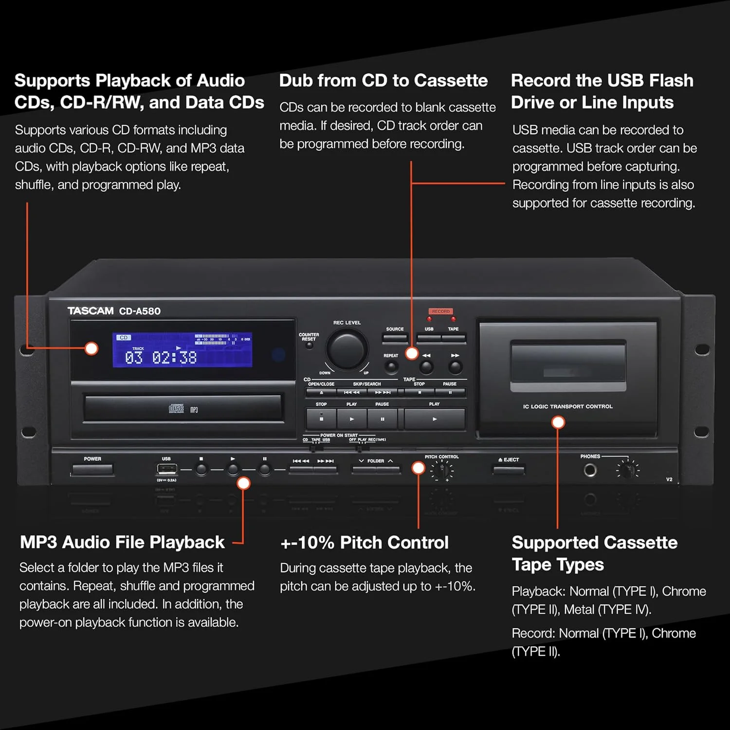 دستگاه ضبط و پخش ترکیبی Tascam CD-A580 رک مونت کاست/سی دی/USB MP3 دستگاه ضبط و پخش ترکیبی Tascam CD-A580 رک مونت کاست/سی دی/USB MP3