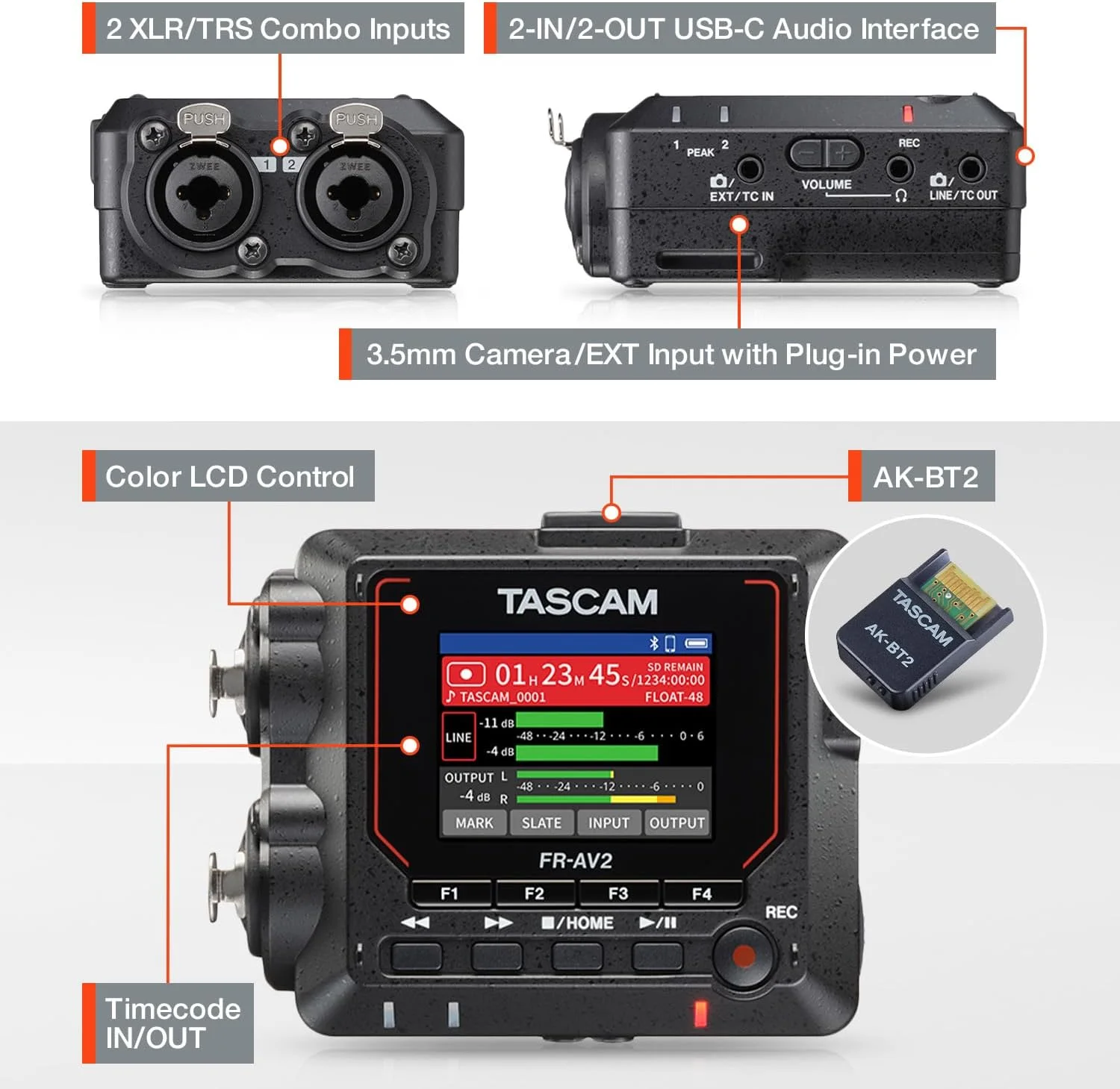 TASCAM FR-AV2 – ضبط کننده میدانی فشرده 32 بیتی شناور و تولید کننده تایم کد با میکسر TASCAM FR-AV2 – ضبط کننده میدانی فشرده 32 بیتی شناور و تولید کننده تایم کد با میکسر