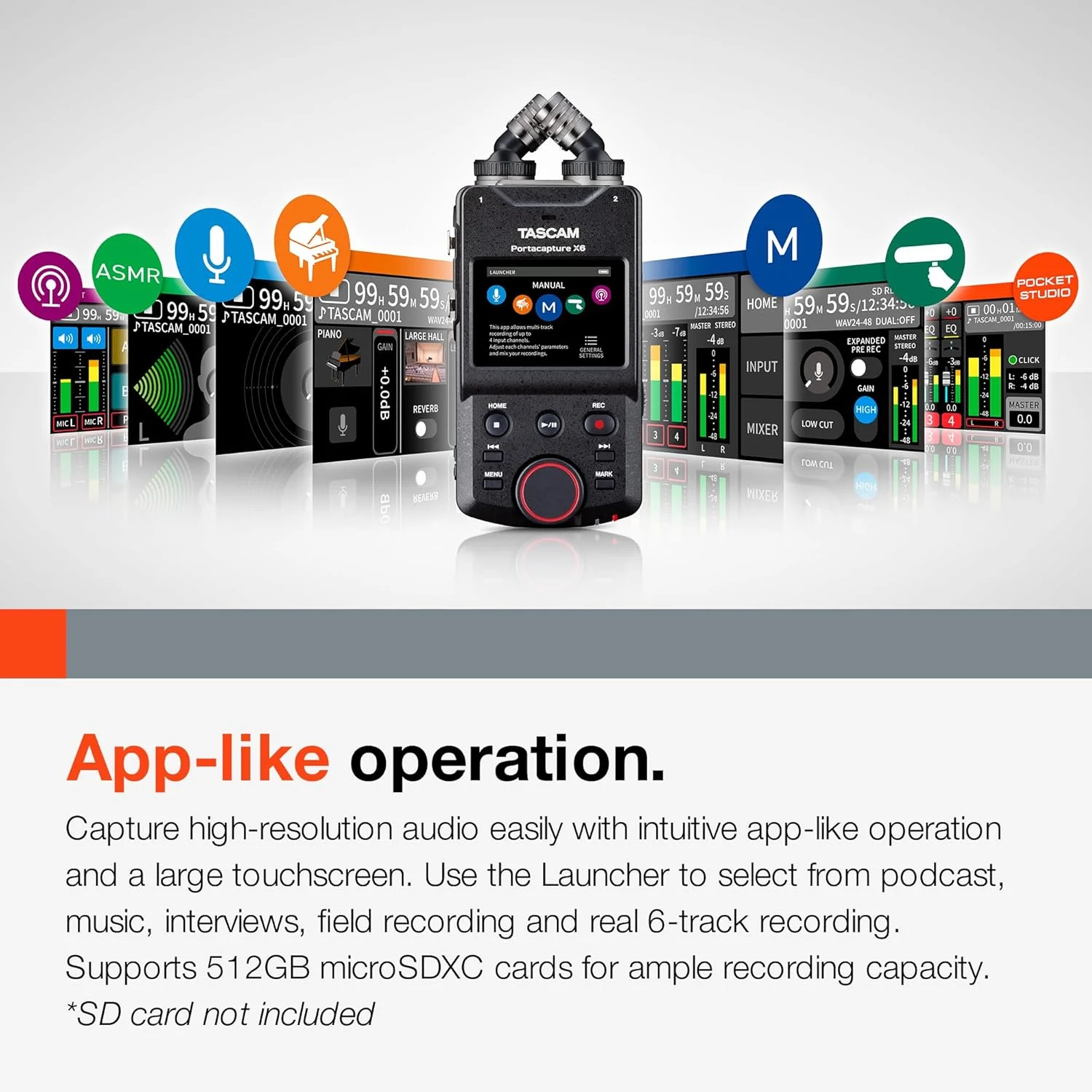 ضبط کننده صدای پرتابل 32 بیتی Tascam Portacapture X6 ضبط کننده صدای پرتابل 32 بیتی Tascam Portacapture X6