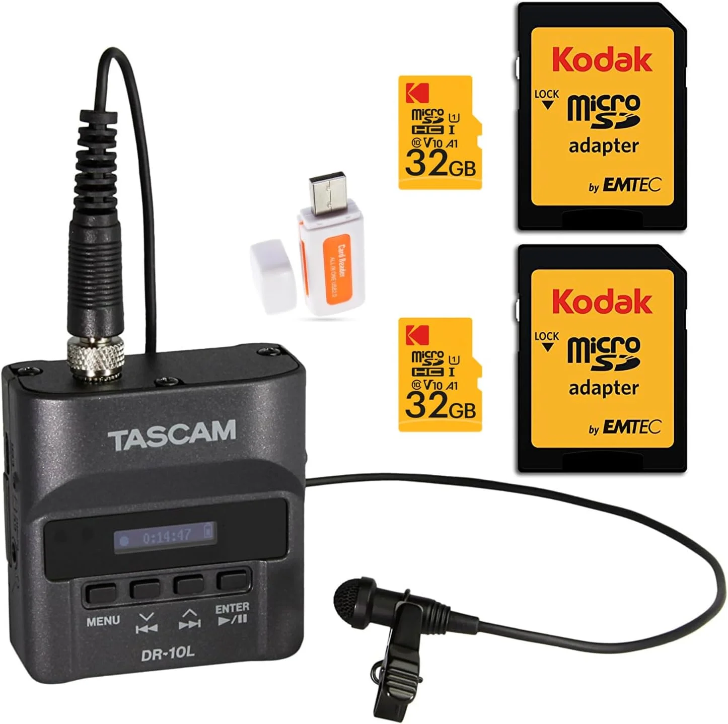 بسته ضبط کننده صدای دیجیتال Tascam DR-10L و میکروفون Lavalier به همراه کارت SD 32 گیگابایتی (بسته 2 عددی) و کارت خوان USB 2.0 (4 قطعه)