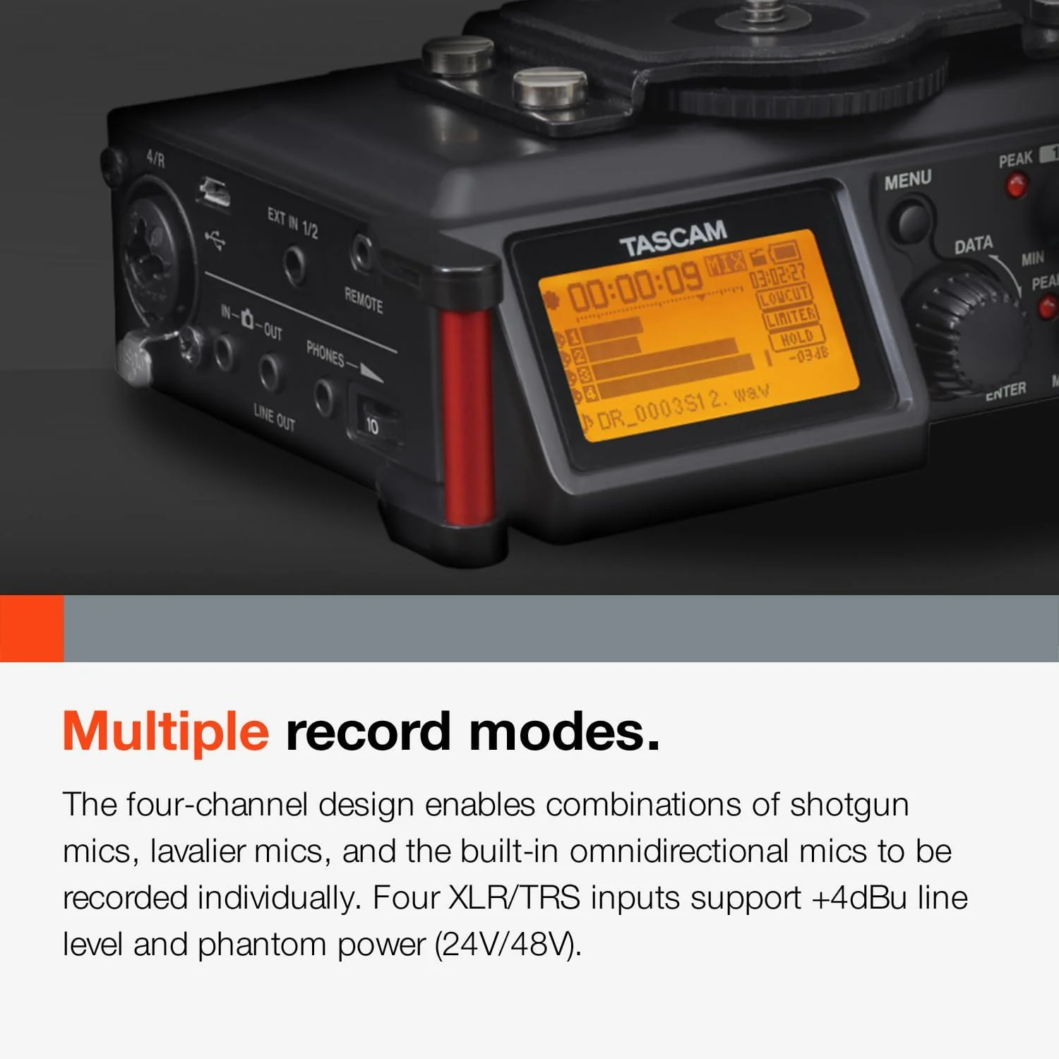 ضبط کننده صدای PCM خطی قابل حمل 4 کاناله TASCAM برای دوربین های DSLR و فیلمبرداری، مشکی (DR-70D) ضبط کننده صدای PCM خطی قابل حمل 4 کاناله TASCAM برای دوربین های DSLR و فیلمبرداری، مشکی (DR-70D)