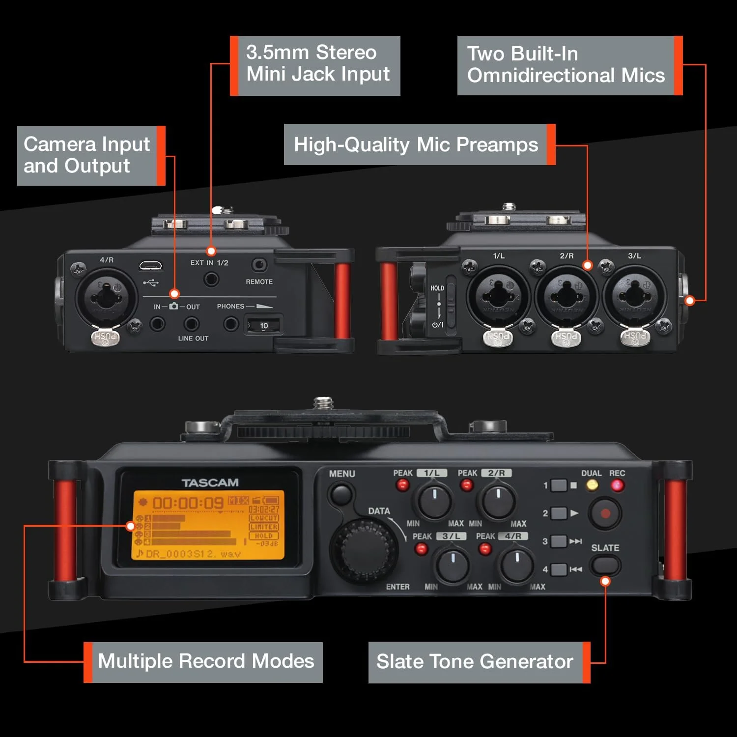 ضبط کننده صدای PCM خطی قابل حمل 4 کاناله TASCAM برای دوربین های DSLR و فیلمبرداری، مشکی (DR-70D) ضبط کننده صدای PCM خطی قابل حمل 4 کاناله TASCAM برای دوربین های DSLR و فیلمبرداری، مشکی (DR-70D)