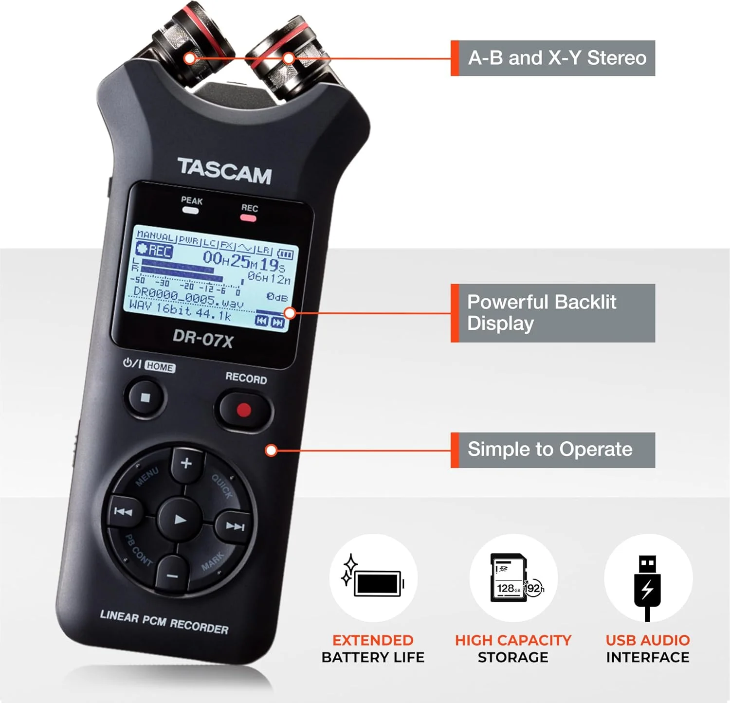 ضبط کننده صدای استریو دستی دیجیتال Tascam Dr-07X و رابط صوتی USB، مشکی ضبط کننده صدای استریو دستی دیجیتال Tascam Dr-07X و رابط صوتی USB، مشکی
