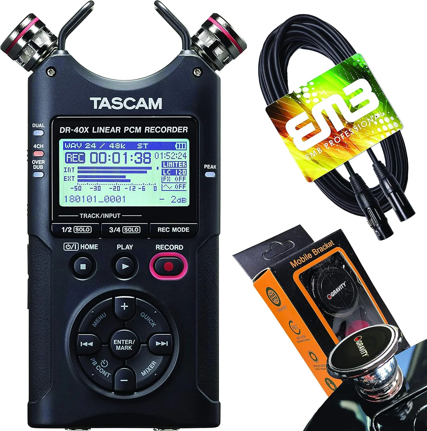ضبط کننده دستی 4 کاناله TASCAM DR-40X و رابط صوتی USB 2 ورودی/2 خروجی به همراه کابل EMB و پایه نگهدارنده مغناطیسی گوشی Gravity