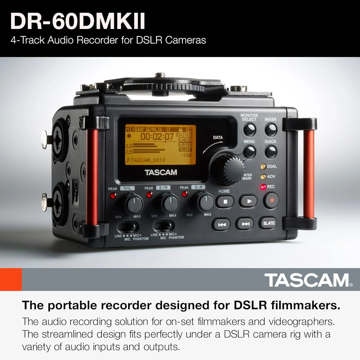 ضبط کننده صدای پرتابل 4 کاناله TASCAM برای فیلمسازان DSLR، مشکی (DR-60DmkII) ضبط کننده صدای پرتابل 4 کاناله TASCAM برای فیلمسازان DSLR، مشکی (DR-60DmkII)