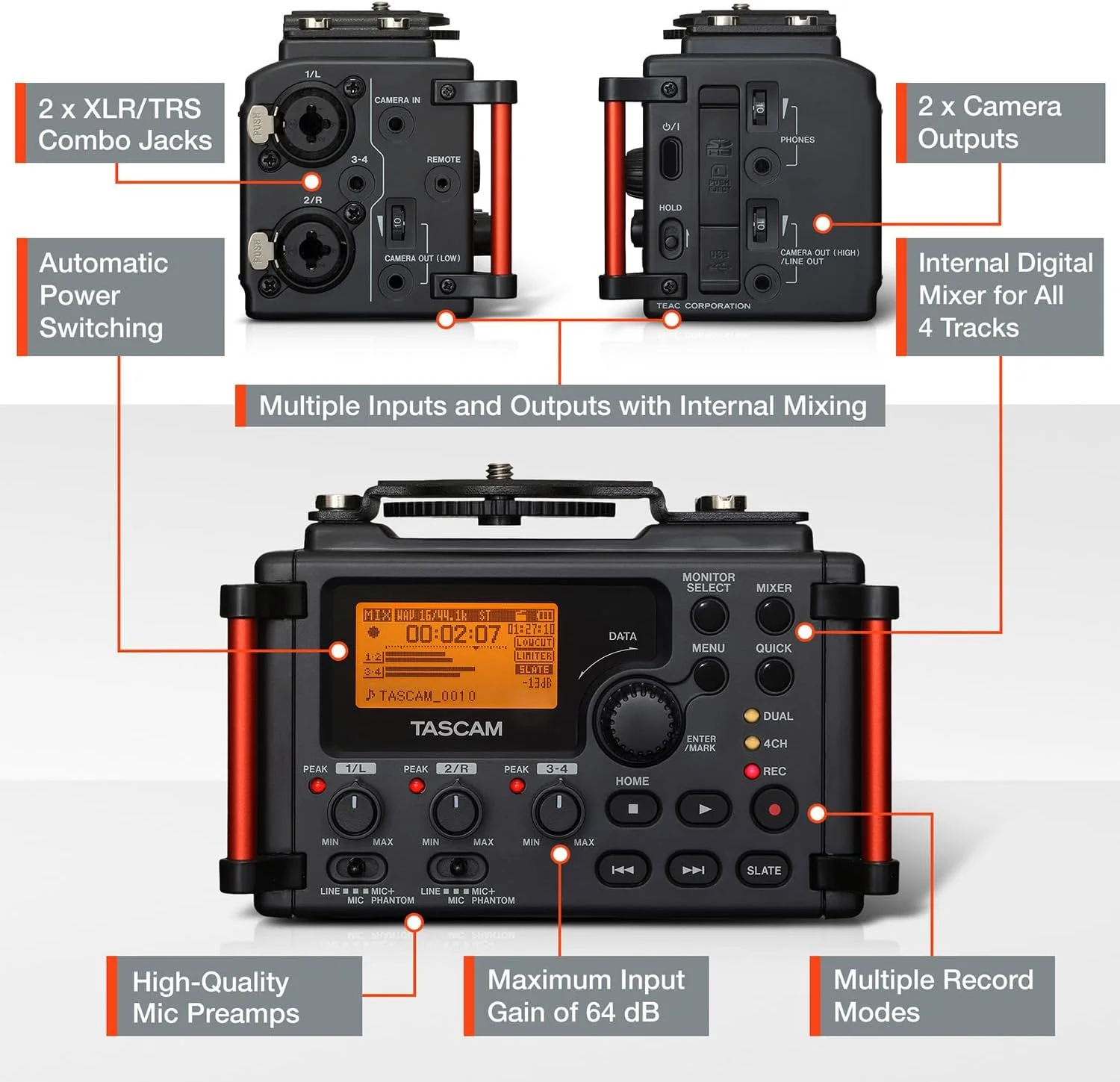 ضبط کننده صدای پرتابل 4 کاناله TASCAM برای فیلمسازان DSLR، مشکی (DR-60DmkII) ضبط کننده صدای پرتابل 4 کاناله TASCAM برای فیلمسازان DSLR، مشکی (DR-60DmkII)