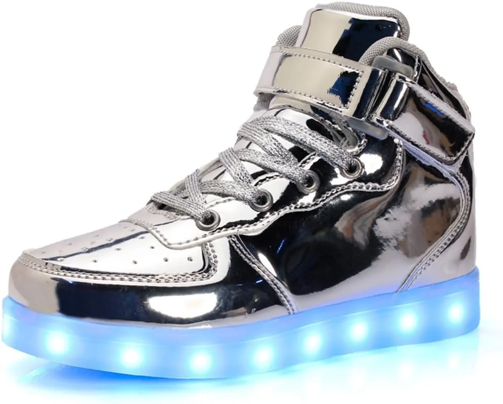 کفش های ال ای دی اسپرت یونیسکس LJ، کفش های چراغ دار ساق بلند پسرانه و دخترانه، شارژ USB، کفش های کتانی ال ای دی چشمک زن 7 رنگ، مناسب برای مردان و زنان (سایز 31 اروپا/ 12 انگلیس، نقره ای)