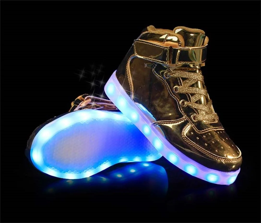 کفش های ال ای دی اسپرت یونیسکس LJ، کفش های چراغ دار ساق بلند پسرانه و دخترانه، شارژ USB، کفش های کتانی ال ای دی چشمک زن 7 حالت رنگی برای مردان و زنان (سایز 45 اروپا/ 11.5 انگلیس، طلایی)