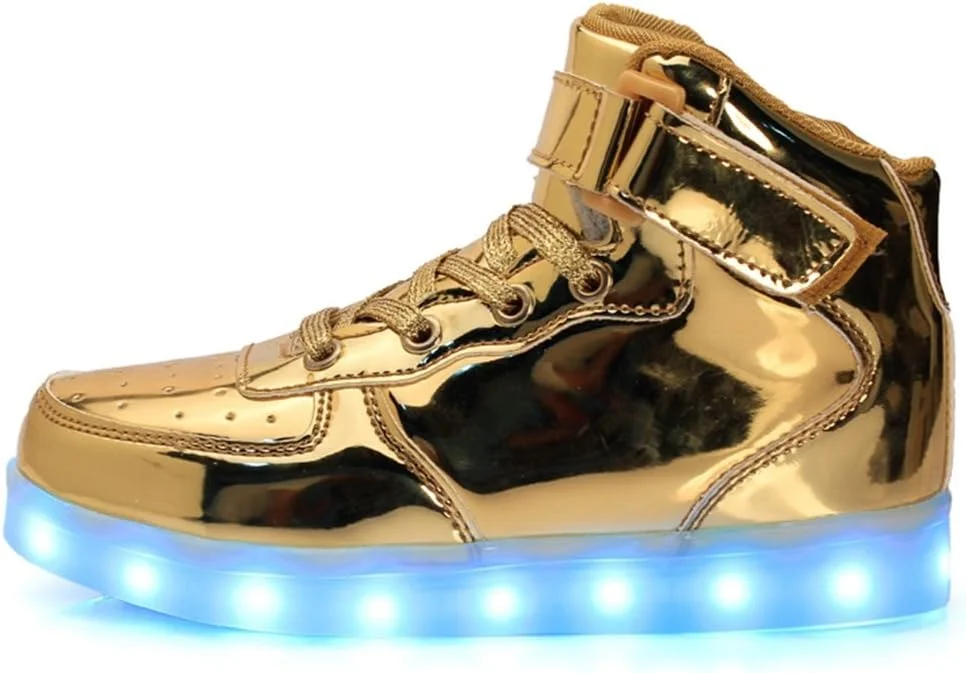 کفش های ال ای دی اسپرت یونیسکس LJ، کفش های چراغ دار ساق بلند پسرانه و دخترانه، شارژ USB، کفش های کتانی ال ای دی چشمک زن 7 حالت رنگی برای مردان و زنان (سایز 45 اروپا/ 11.5 انگلیس، طلایی)
