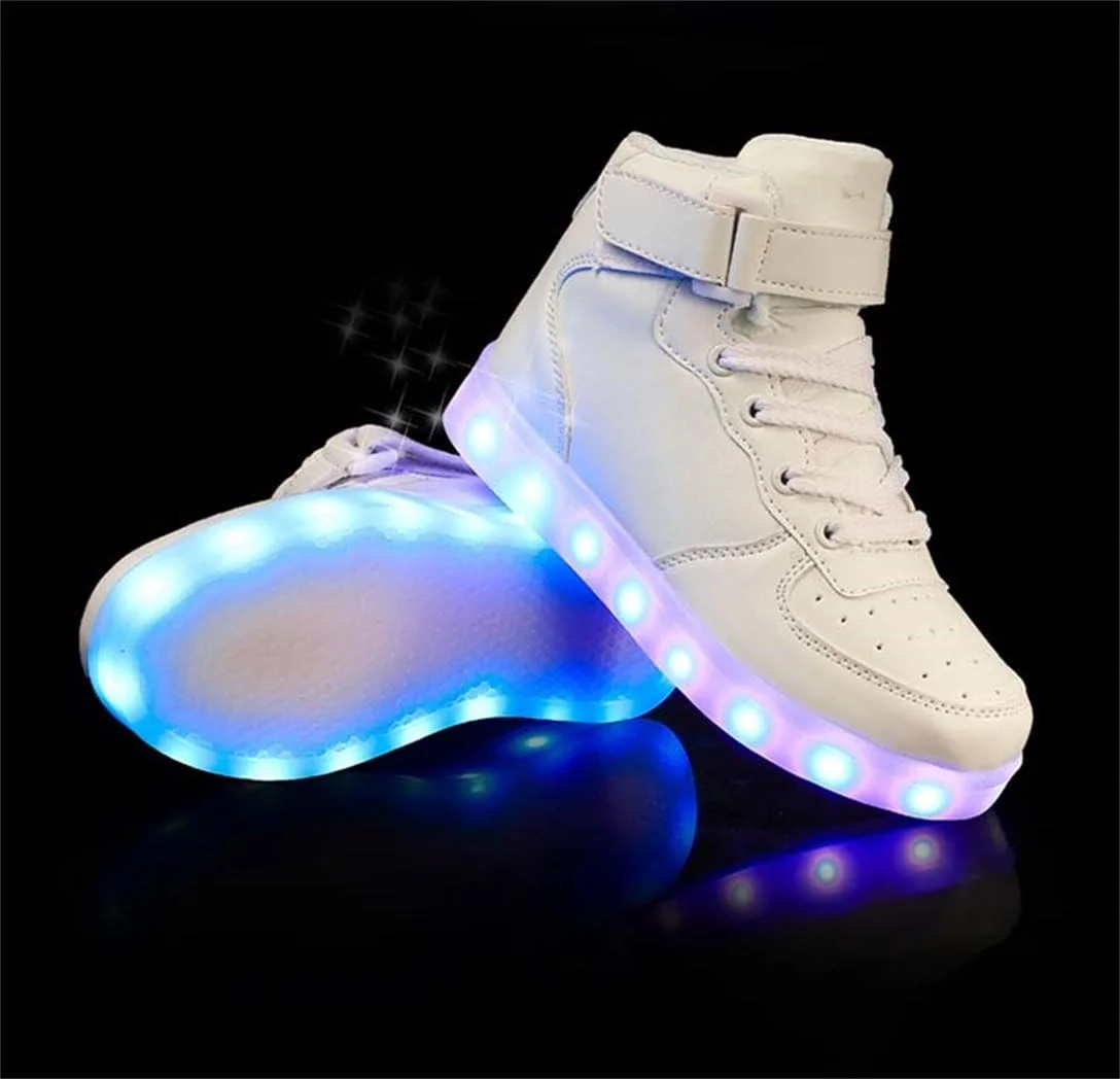 کفش های ال ای دی اسپرت یونیسکس LJ، کفش های چراغ دار ساق بلند پسرانه و دخترانه، شارژ USB، کفش های کتانی ال ای دی چشمک زن 7 رنگ، مناسب برای مردان و زنان (سایز 38 اروپا/ 5 بریتانیا، سفید)