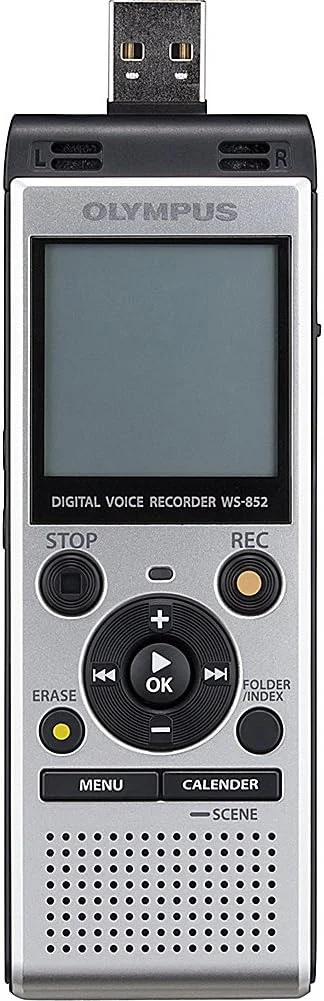 ضبط کننده صدای استریو نقره ای Olympus WS-852 با میکروفون استریو واقعی، 4 گیگابایت، 110 ساعت عمر باتری، حافظه خارجی microSD، USB، با فرمت فایل MP3.