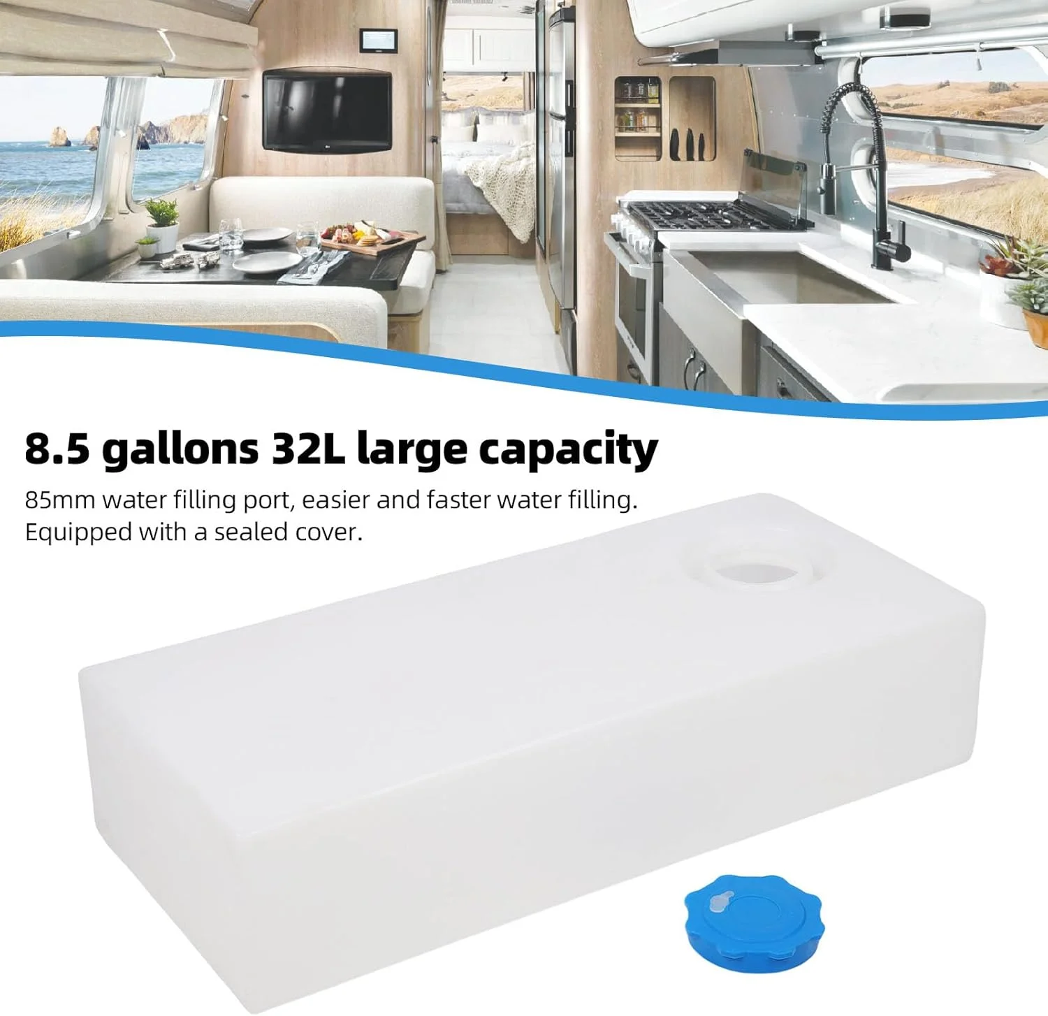 مخزن آب شیرین 32 لیتری RV مدل Asixxsix، مخزن ذخیره سازی مربع شکل قابل حمل با طراحی بدون درز و ضد نشت، ساخته شده از مواد LLDPE با گرید غذایی، مخازن نگهداری آب خاکستری برای آشامیدن و پخت و پز