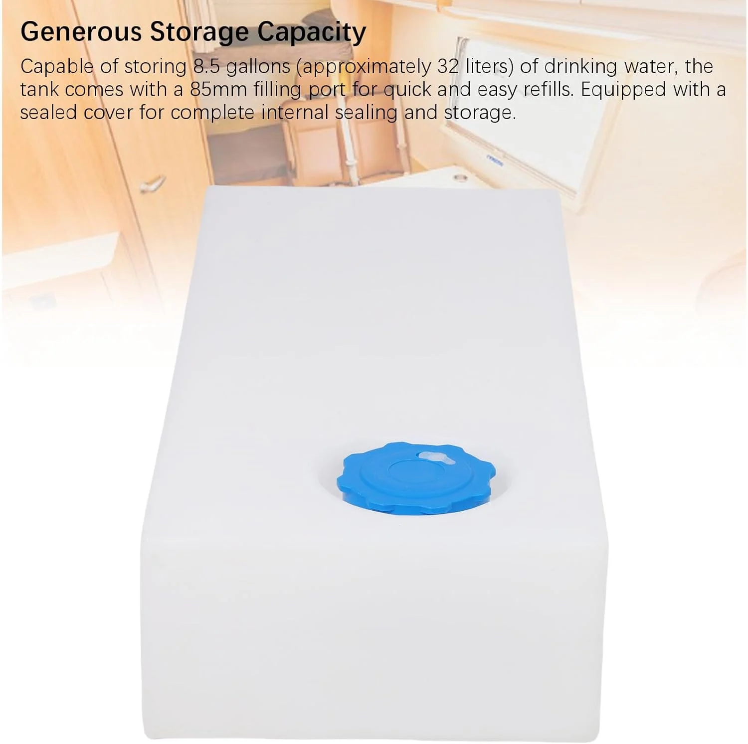 مخزن آب شیرین 32 لیتری RV مدل Asixxsix، مخزن ذخیره سازی مربع شکل قابل حمل با طراحی بدون درز و ضد نشت، ساخته شده از مواد LLDPE با گرید غذایی، مخازن نگهداری آب خاکستری برای آشامیدن و پخت و پز