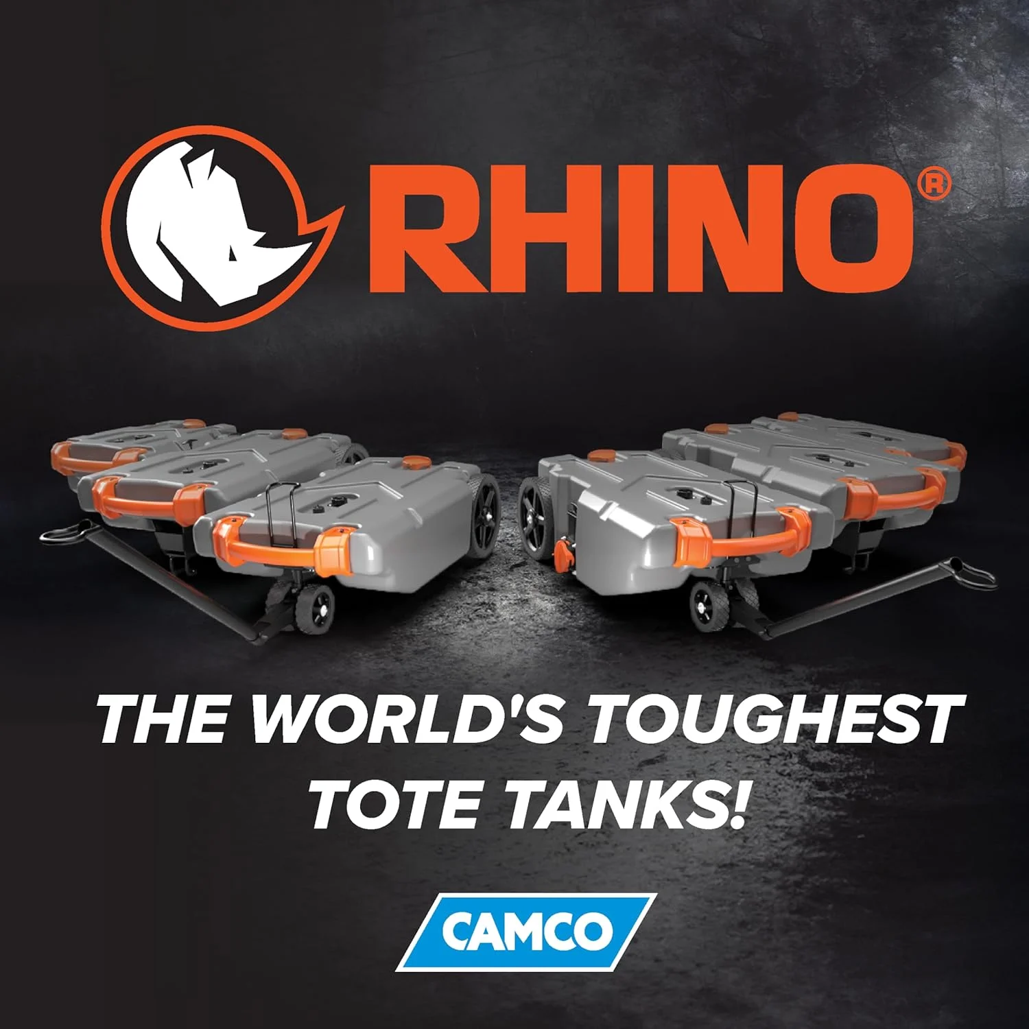 مخزن زباله قابل حمل 15 گالنی Camco Rhino برای کمپر/RV - دارای چرخ‌های بزرگ و سنگین بدون پنچری و سوراخ تخلیه پایین - شامل آداپتور یدک‌کش فولادی قابل جابجایی، شلنگ فاضلاب RV به طول 3 فوت و لوازم جانبی RV بیشتر (39000)