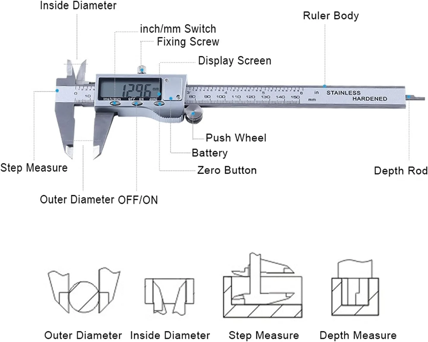 کولیس NUPONO 0-150 میلی متر کولیس ورنیه استیل/پلاستیک LCD دیجیتال کولیس 6 اینچی ابزار اندازه گیری عمق توسط کولیس دیجیتال (رنگ: پلاستیکی، سایز: S)