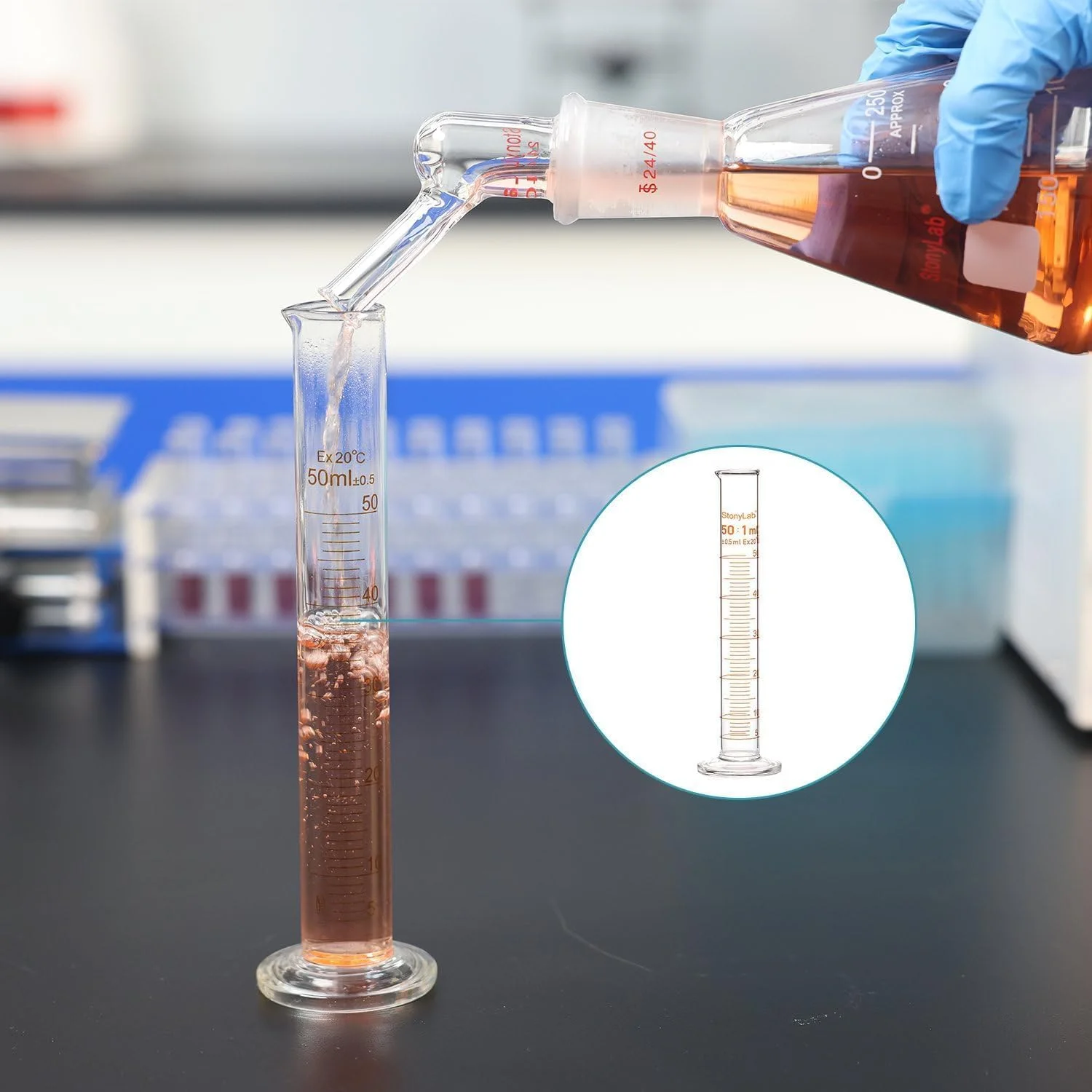 استوانه مدرج شیشه ای بوروسیلیکات StonyLab، حجم 50 میلی لیتر، دیواره ضخیم، بسته 3 عددی