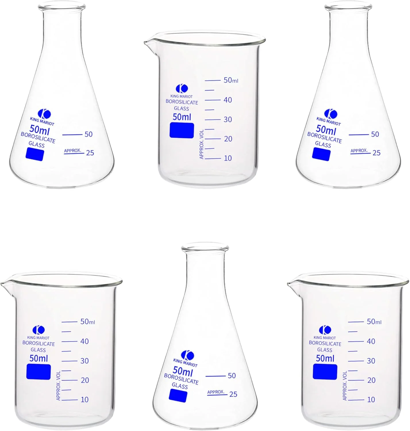 ست 6 عددی تجهیزات پزشکی King Mariot شامل بشر شیشه ای 50 میلی لیتری و ارلن مایر 50 میلی لیتری با کیفیت بالا برای آزمایشگاه های زیست شناسی، شیمی، صنعتی و کشت