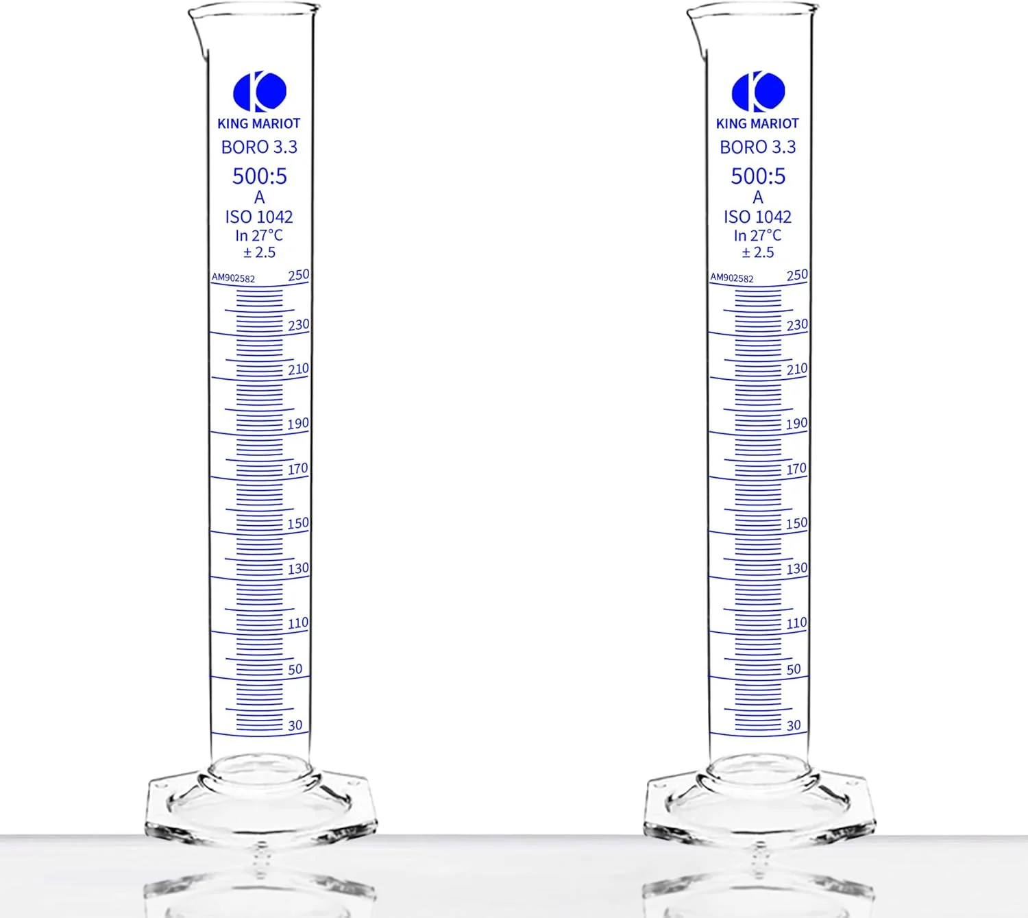 استوانه مدرج شیشه ای بوروسیلیکات تجهیزات پزشکی کینگ ماریوت | پایه شش ضلعی | ظرفیت 500 میلی لیتر | درجه بندی کلاس A | ایده آل برای استفاده در آزمایشگاه (2 عدد)