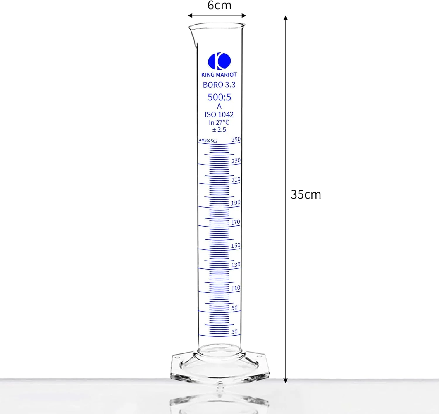 استوانه مدرج شیشه ای بوروسیلیکات تجهیزات پزشکی کینگ ماریوت | پایه شش ضلعی | ظرفیت 500 میلی لیتر | درجه بندی کلاس A | ایده آل برای استفاده در آزمایشگاه (2 عدد)