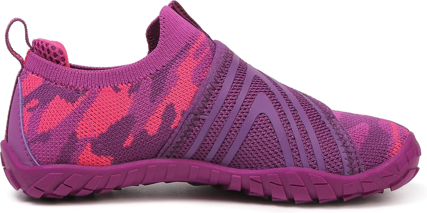 کفش‌های پابرهنه کودکان KUBUA، مناسب پسران و دختران، کفش تنیس، کفش ورزشی فضای باز، پیاده‌روی، تمرینات ورزشی مدرسه، بند قابل تنظیم، تخت و انعطاف‌پذیر، رنگ بنفش، سایز 4 کودک بزرگ