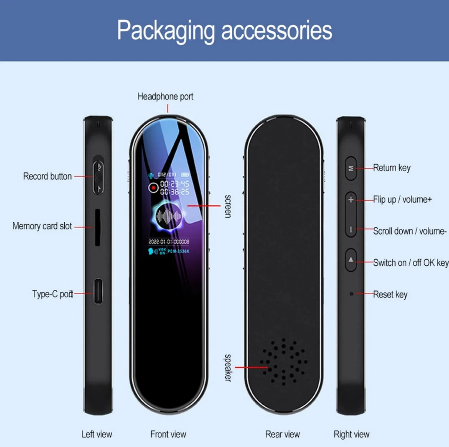 دستگاه ضبط صدای دیجیتال کوچک SKEIDO با حافظه 16 گیگابایت، ضبط کننده صدا 360 درجه، پخش کننده صوتی WAV MP3، دستگاه ضبط صدا با کاهش نویز، میکروفون های دوگانه