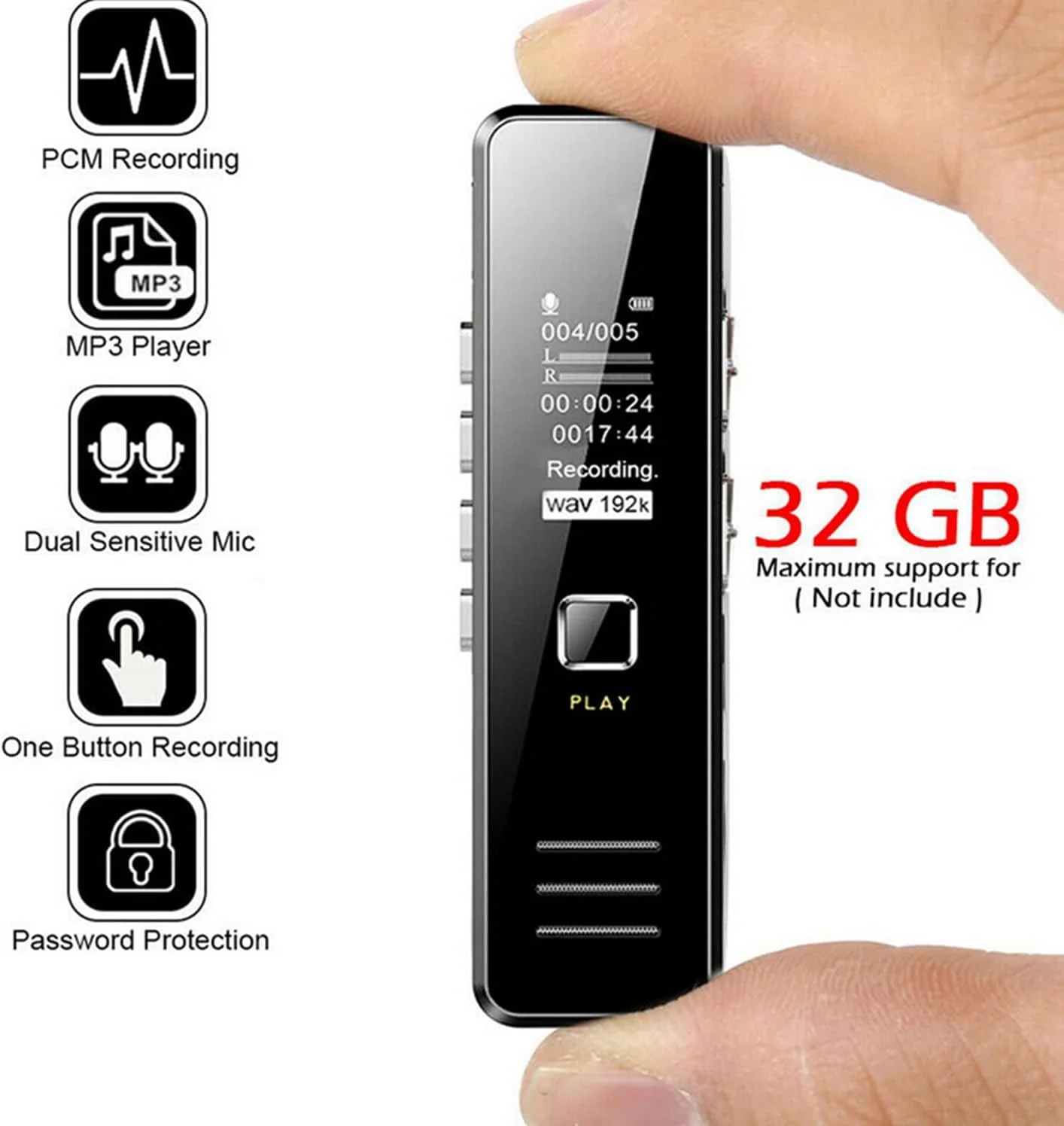 ضبط کننده صدای دیجیتال SKEIDO با بلندگو، 8 گیگابایت، USB قابل شارژ، پخش صدا، پخش کننده MP3، کاهش نویز، ضبط از راه دور