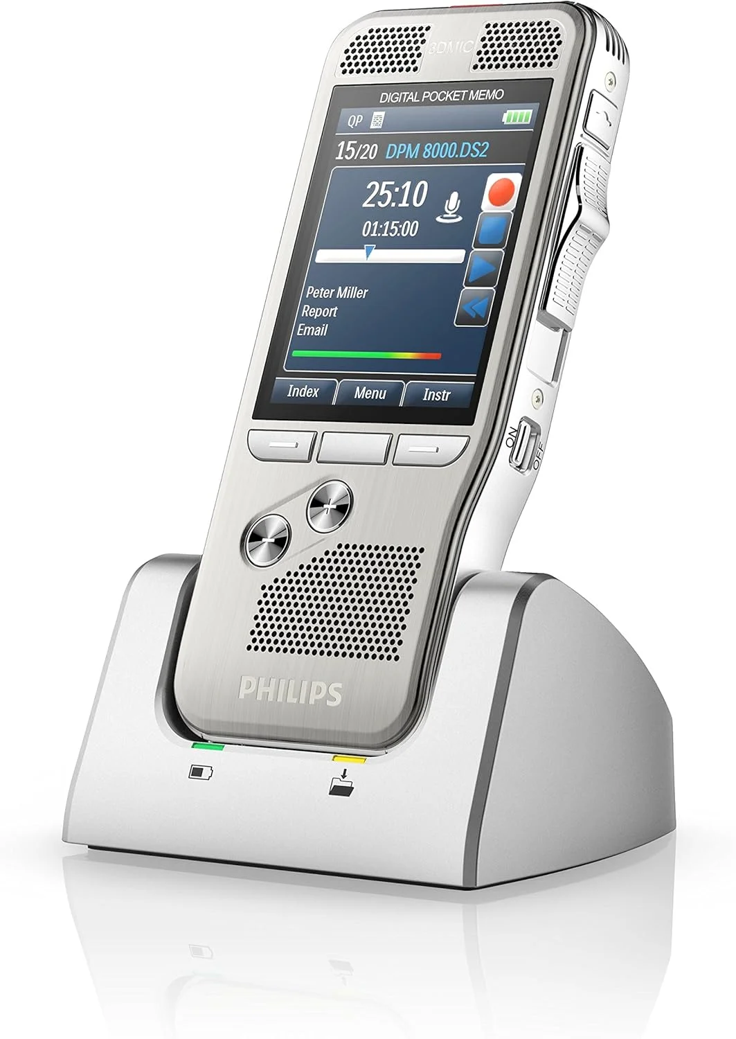 ضبط کننده صدای Philips Pocket Memo DVT8000/02 با سیستم میکروفون سه بعدی، باتری قابل شارژ و یادداشت برداری دیجیتال