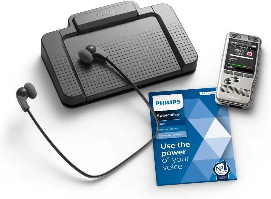 مجموعه ضبط و رونویسی Philips DPM6700/03 PocketMemo، دستگاه ضبط صدا DPM6000، پدال پایی ACC2330، هدفون استریو LFH0334 - SpeechExec Basic Dictate/Transcribe (شامل اشتراک 2 ساله)