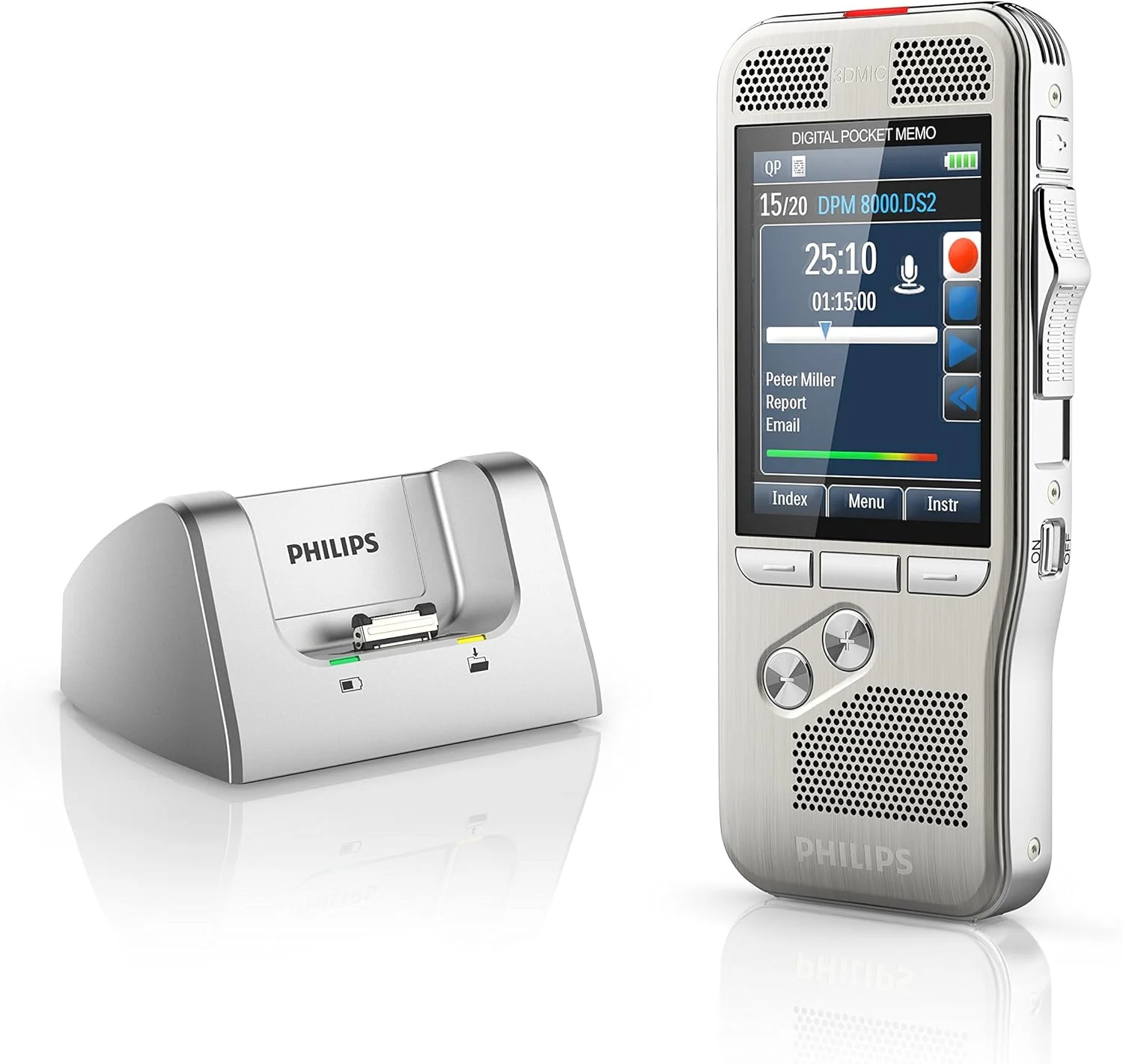 ضبط کننده صدای Philips Pocket Memo DVT8000/02 با سیستم میکروفون سه بعدی، باتری قابل شارژ و یادداشت برداری دیجیتال