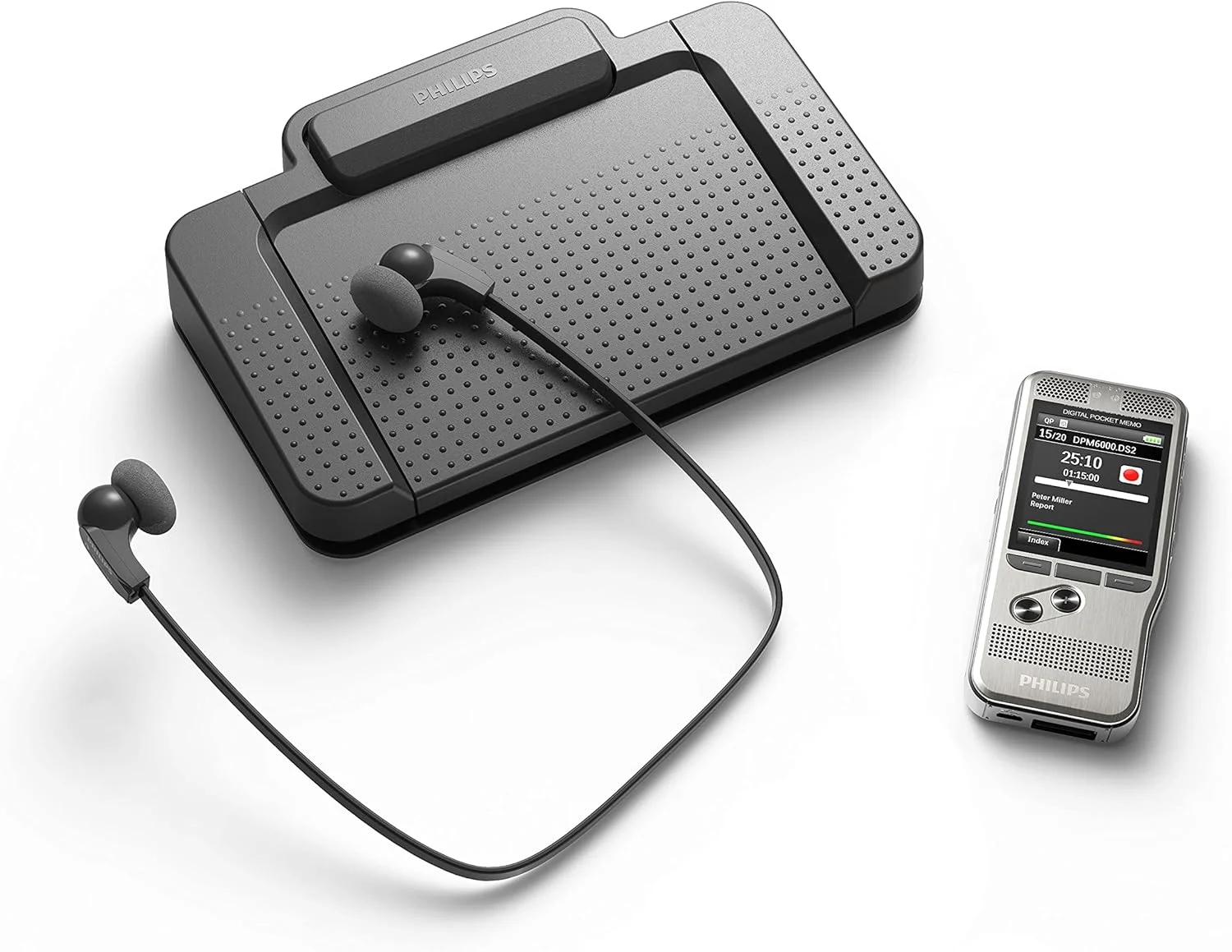 مجموعه ضبط و رونویسی Philips DPM6700/03 PocketMemo، دستگاه ضبط صدا DPM6000، پدال پایی ACC2330، هدفون استریو LFH0334 - SpeechExec Basic Dictate/Transcribe (شامل اشتراک 2 ساله)