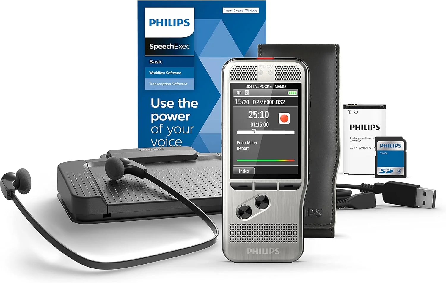 مجموعه ضبط و رونویسی Philips DPM6700/03 PocketMemo، دستگاه ضبط صدا DPM6000، پدال پایی ACC2330، هدفون استریو LFH0334 - SpeechExec Basic Dictate/Transcribe (شامل اشتراک 2 ساله)