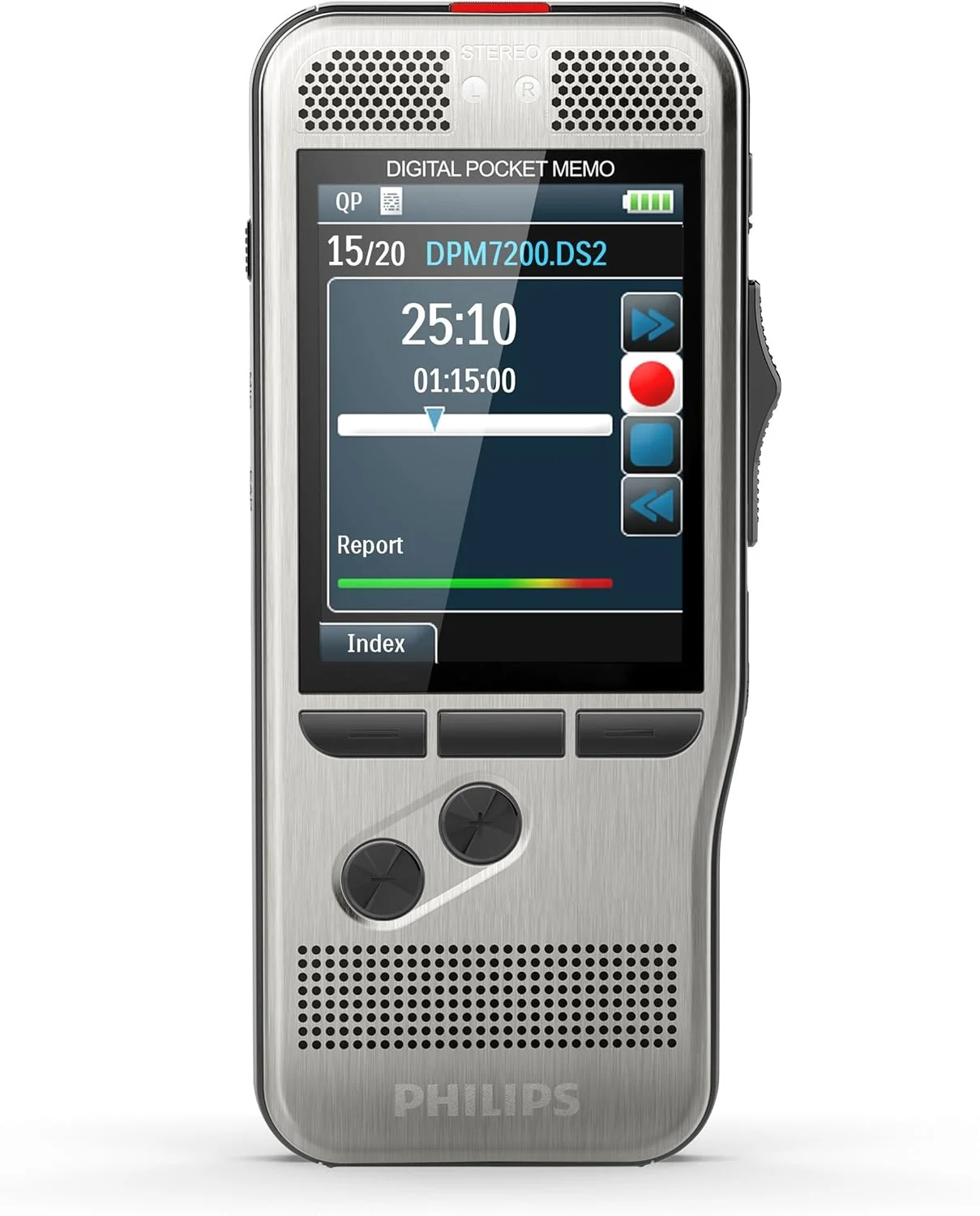 ضبط کننده صدای دیجیتال فیلیپس DPM7000 با سوئیچ کشویی، 2 میکروفون برای ضبط صدای استریو، صفحه نمایش رنگی، بدنه استیل ضد زنگ، شامل SpeechExec 10