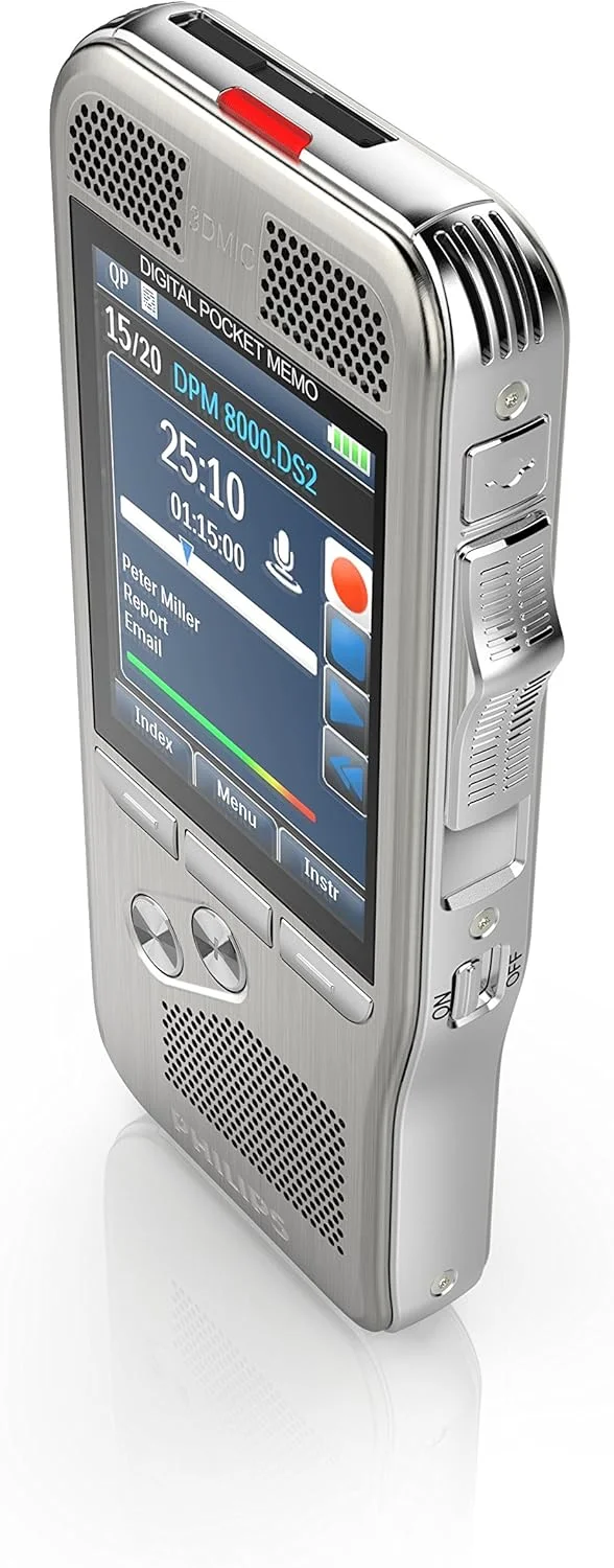 ضبط کننده صدای Philips Pocket Memo DVT8000/02 با سیستم میکروفون سه بعدی، باتری قابل شارژ و یادداشت برداری دیجیتال